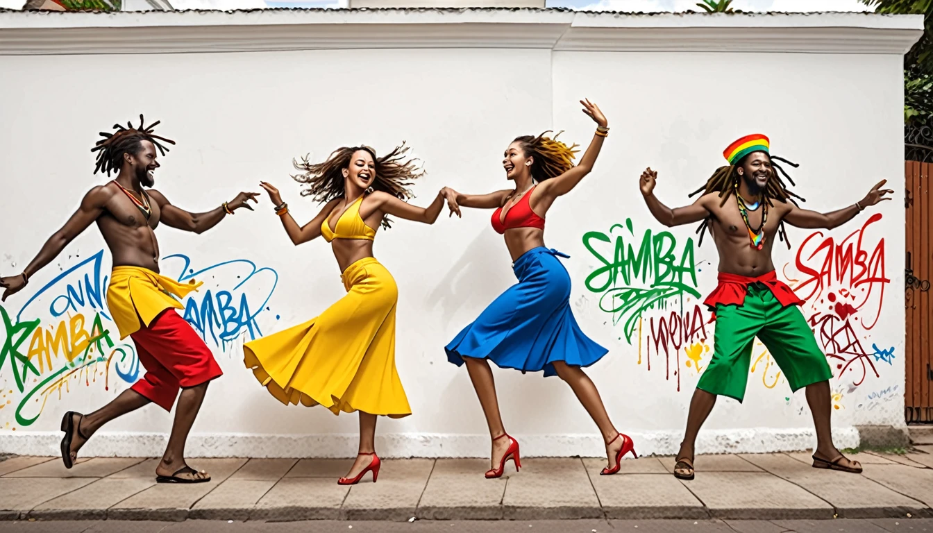 Graffiti on the wall of a white house,Two men and women dancing samba,Rastafarian