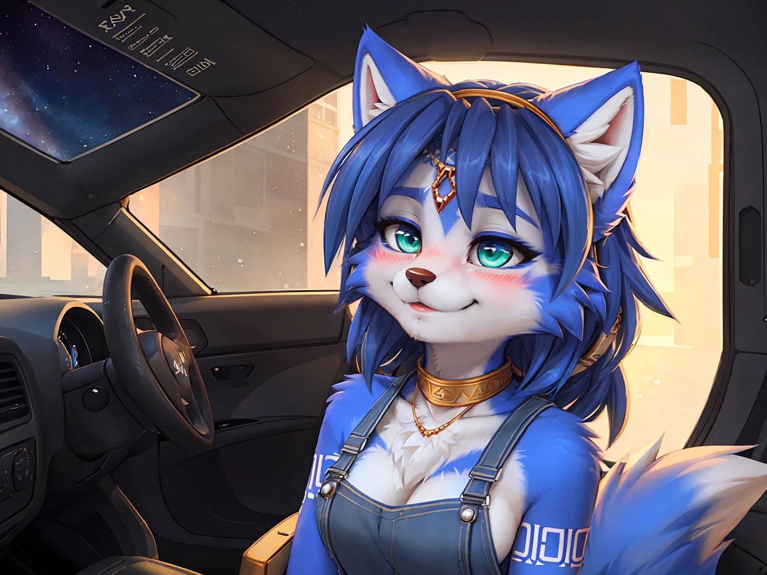 A beautiful and detailed (sweet portrait) wa ((krystal)), Star Fox krystal, sslim, green eyes, medium breasts, (((Long blue hair 1.3))), Decollete, look up, anthro, furry, Uploaded E621, detailed fluffy fur, (wa Fluff-Kevlar, Bayard Wu, personalize me, Pino Daeni), detailed face, (fluffy), 1 girl, alone, sweet girl, blue overalls, Viewers look at, Shy smile, blush,
