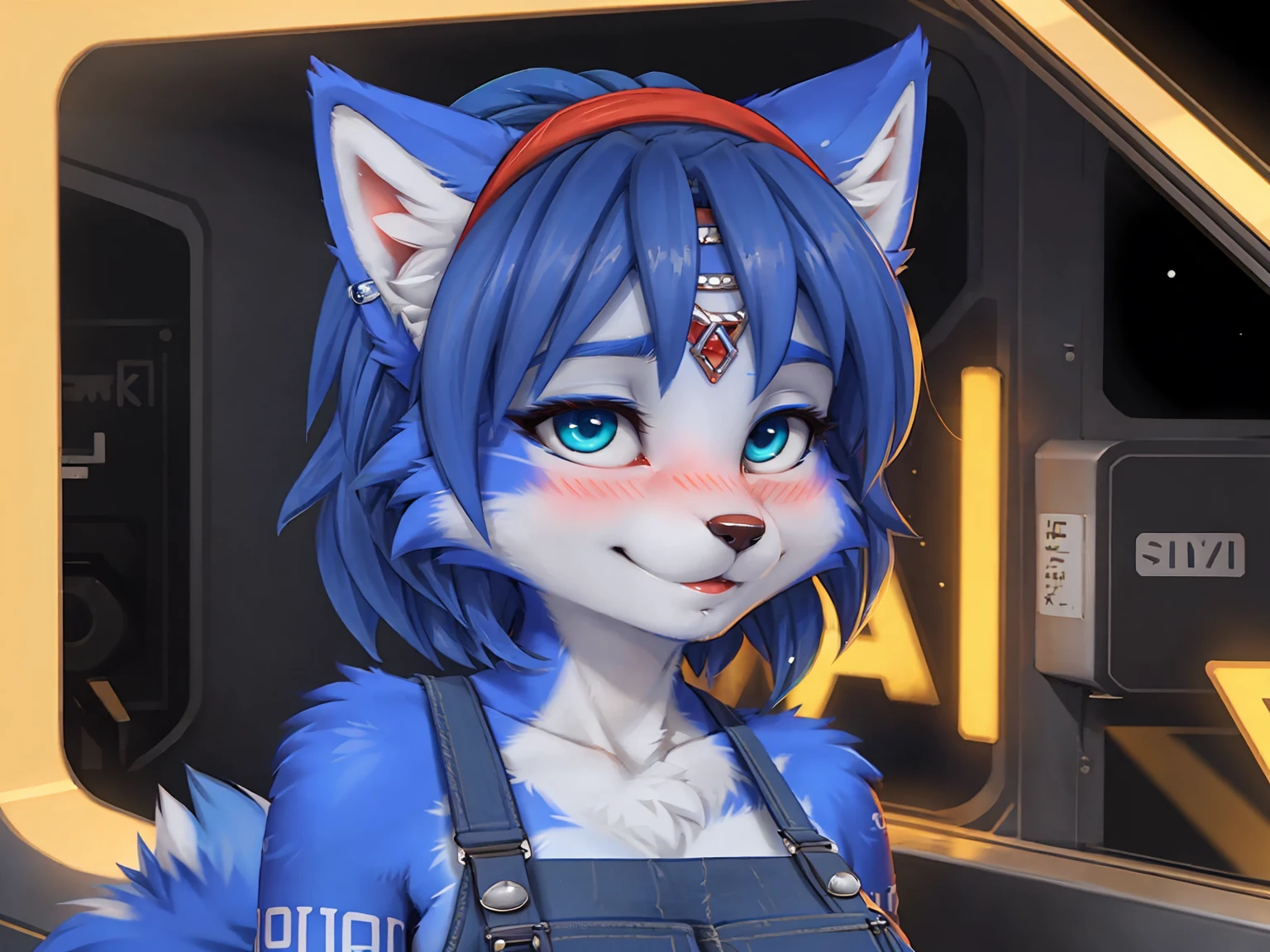 A beautiful and detailed (sweet portrait) wa ((krystal)), Star Fox krystal, sslim, green eyes, medium breasts, (((Long blue hair 1.3))), Decollete, look up, anthro, furry, Uploaded E621, detailed fluffy fur, (wa Fluff-Kevlar, Bayard Wu, personalize me, Pino Daeni), detailed face, (fluffy), 1 girl, alone, sweet girl, blue overalls, Viewers look at, Shy smile, blush,