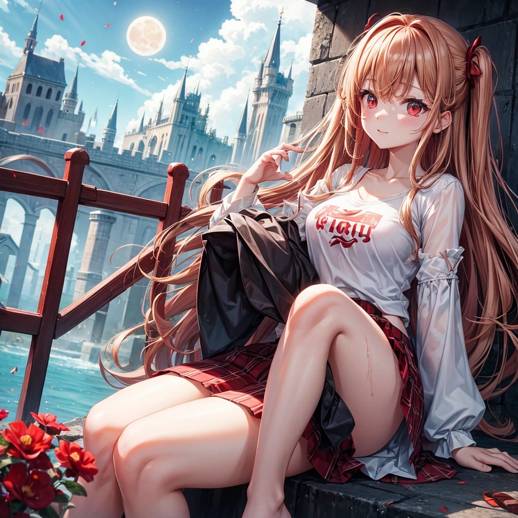 Red-blonde、Red eyes、One cute girl、solo、And soul、Light clothing、Checked mini skirt、petal、Wet hair、Sit on、black t-shirts、large tree、cloud、full moon、monster castle、lanthanum、Hell's Gate、Craft Gatekeeper、barefoot、Stones are piled up、Teeth are visible、Secret Treasure、Wooden chair、Wooden fence on fire、Flower Hair Ornaments