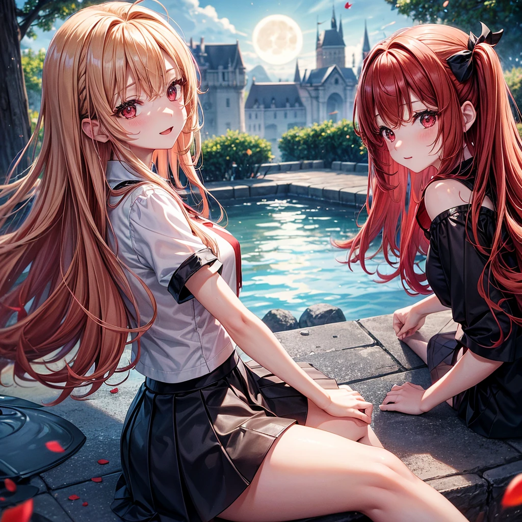 Red-blonde、Red eyes、One cute girl、solo、And soul、Light clothing、Checked mini skirt、petal、Wet hair、Sit on、black t-shirts、large tree、cloud、full moon、monster castle、lanthanum、Hell&#39;s Gate、Craft Gatekeeper、barefoot、Stones are piled up、Teeth are visible、Secret Treasure、Wooden chair、Wooden fence on fire、Flower Hair Ornaments