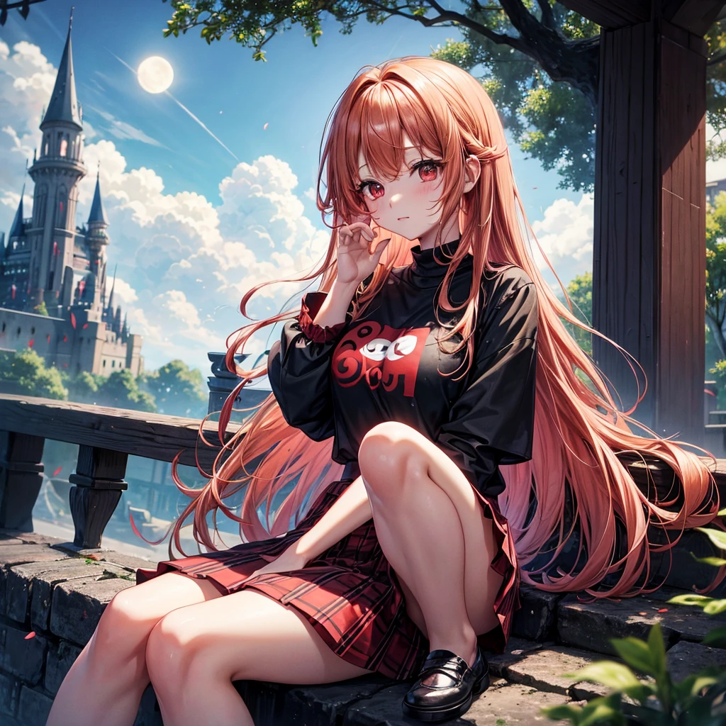 Red-blonde、Red eyes、One cute girl、solo、And soul、Light clothing、Checked mini skirt、petal、Wet hair、Sit on、black t-shirts、large tree、cloud、full moon、monster castle、lanthanum、Hell's Gate、Craft Gatekeeper、barefoot、Stones are piled up、Teeth are visible、Secret Treasure、Wooden chair、Wooden fence on fire、Flower Hair Ornaments