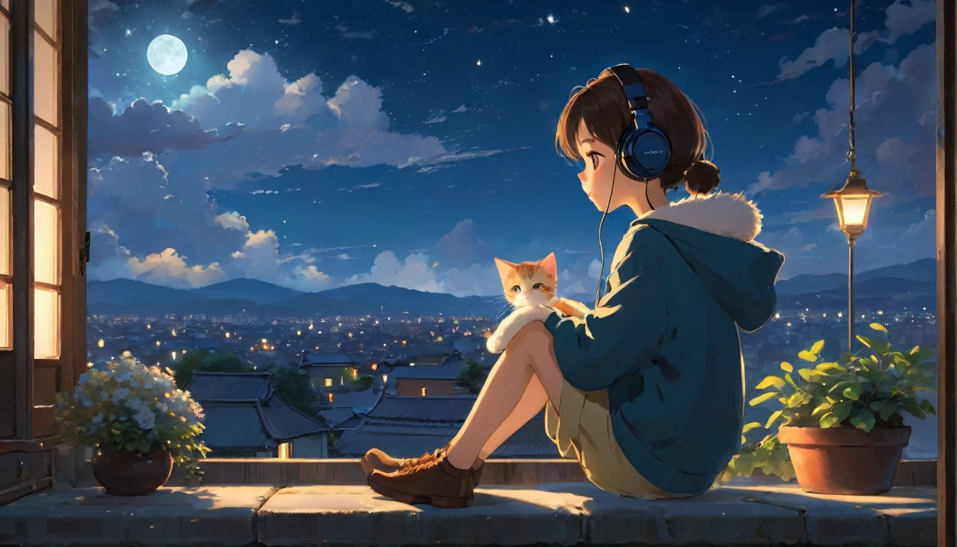 The style of Ghibli animation,The night sky appears deep and calm,The clouds are very thick,The moonlight shines through the gaps in the clouds,Appear soft and warm。A girl,Sitting by the window,Wearing headphones,There is a cute kitten next to it,His eyes were staring into the distance,My thoughts wander in the cold night of Beginning of Winter,There is a touch of tranquility and warmth on the face。(best quality,4K,8k,High resolution,masterpiece:1.2),Extremely detailed.