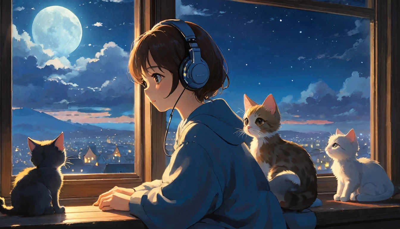 The style of Ghibli animation,The night sky appears deep and calm,The clouds are very thick,The moonlight shines through the gaps in the clouds,Appear soft and warm。A girl,Sitting by the window,Wearing headphones,There is a cute kitten next to it,His eyes were staring into the distance,My thoughts wander in the cold night of Beginning of Winter,There is a touch of tranquility and warmth on the face。(best quality,4K,8k,High resolution,masterpiece:1.2),Extremely detailed.