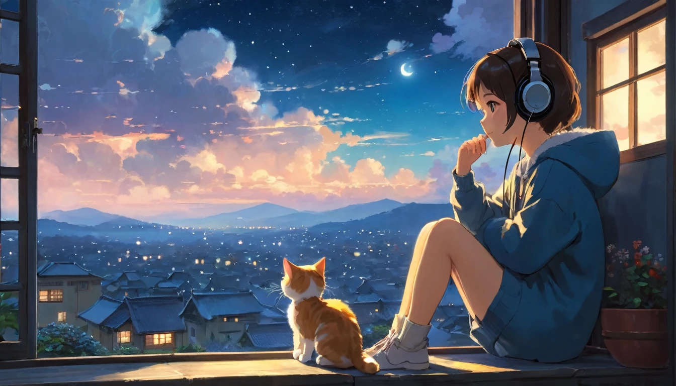The style of Ghibli animation，The night sky appears deep and calm，The clouds are very thick，The moonlight shines through the gaps in the clouds，Appear soft and warm。A girl，Sitting by the window，Wearing headphones，There is a cute kitten next to it，His eyes were staring into the distance，My thoughts wander in the cold night of Beginning of Winter，There is a touch of tranquility and warmth on the face。(best quality,4K,8k,High resolution,masterpiece:1.2),Extremely detailed.