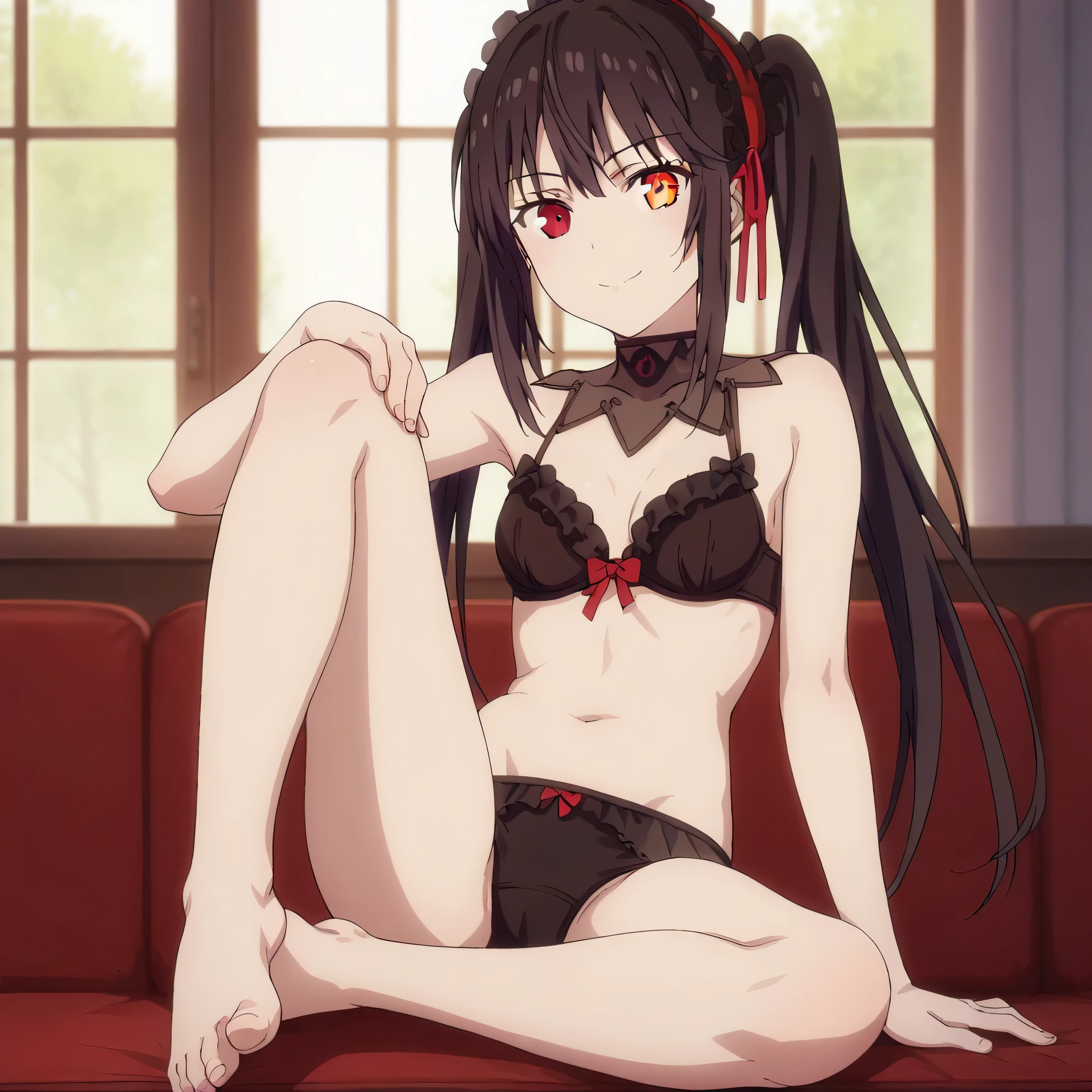 score_9, score_8_up, score_7_up, source_anime,
kurumitokisaki, kurumi tokisaki, black hair,   golden right eye(clock eye), heterochromia and red eyes, long hair, (bunches)
bare shoulder, ribbon, Black bra, bikini, briefs,  black bikini, twintails, low twintails, black silk leggings
indoors, outdoor, smile,
looking at viewer, solo, sitting position, lift one leg, expose one's feet