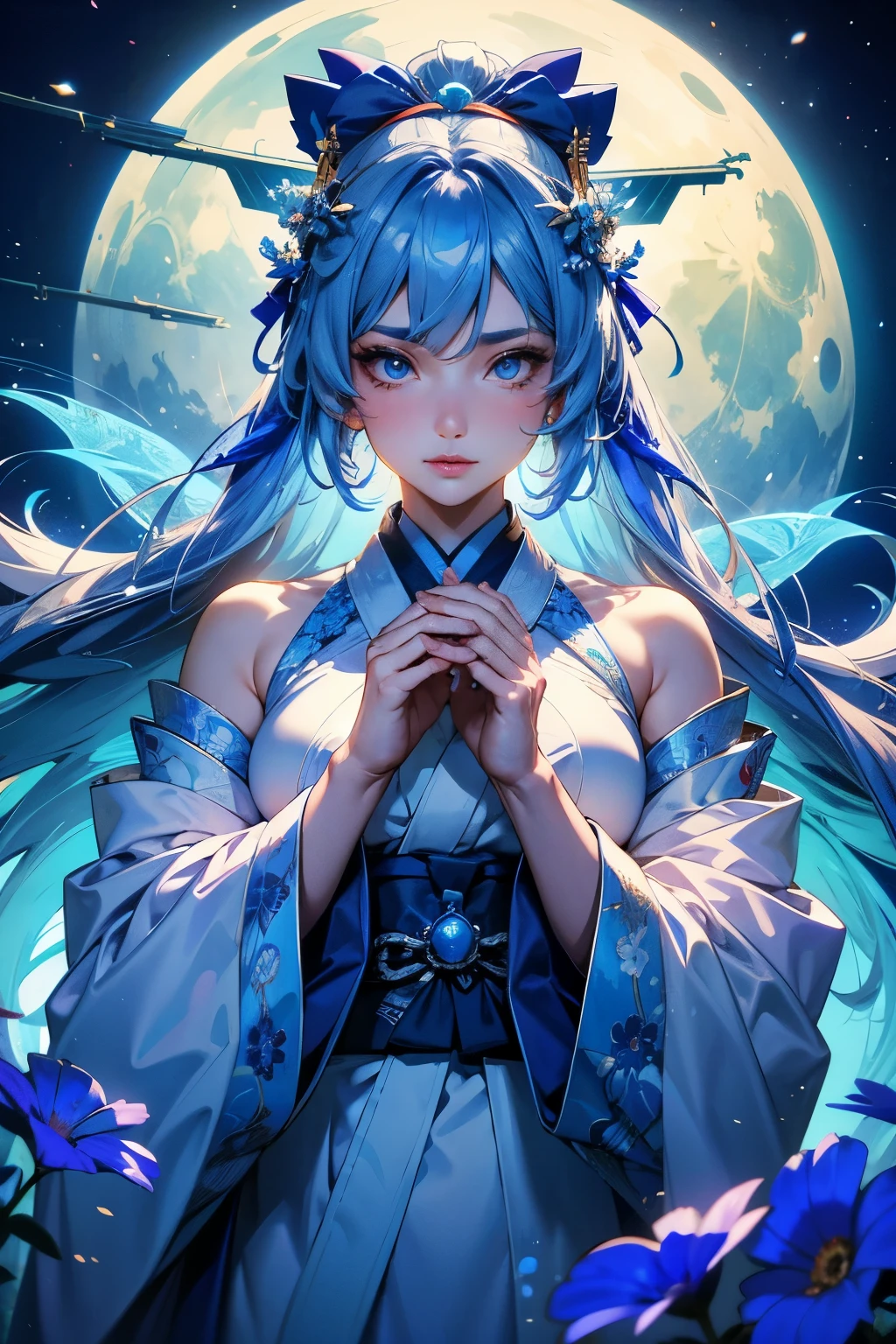 I am a woman in my 50s.。It is the figure of a blue shrine maiden.,She is a beautiful goddess。Upper body close-up。Wearing a white kimono。The moon is the background,A charming female deity。hair color is light blue。resolution,8k、masterpiece