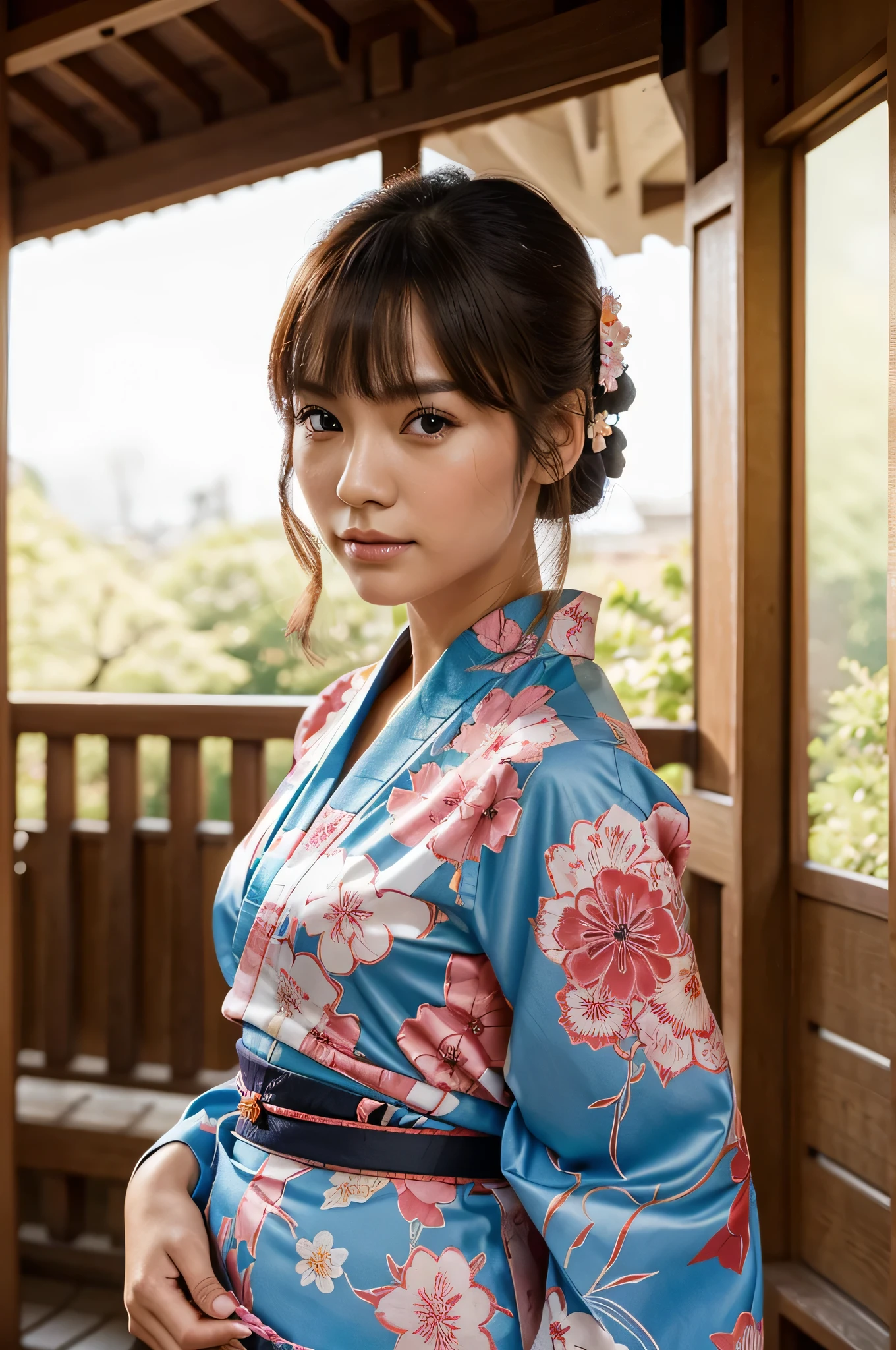 beautiful young woman face japanese, kimono dress, สีสดใส