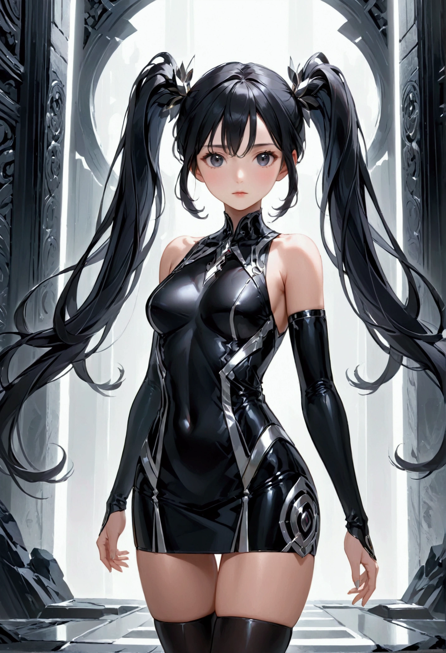 Mature Girl with long black hair with silver highlight, dark onyx eyes,tall rectangular body figure,miniskirt, twintails