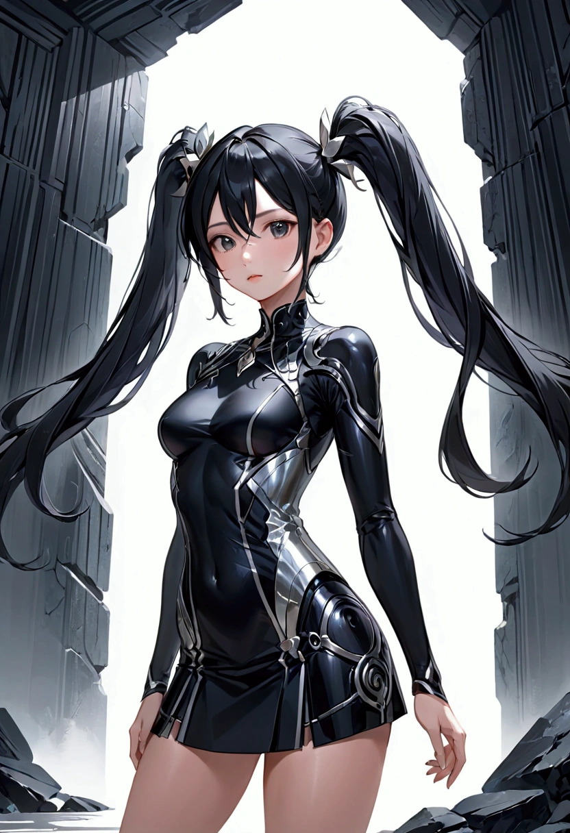 Mature Girl with long black hair with silver highlight, dark onyx eyes,tall rectangular body figure,miniskirt, twintails