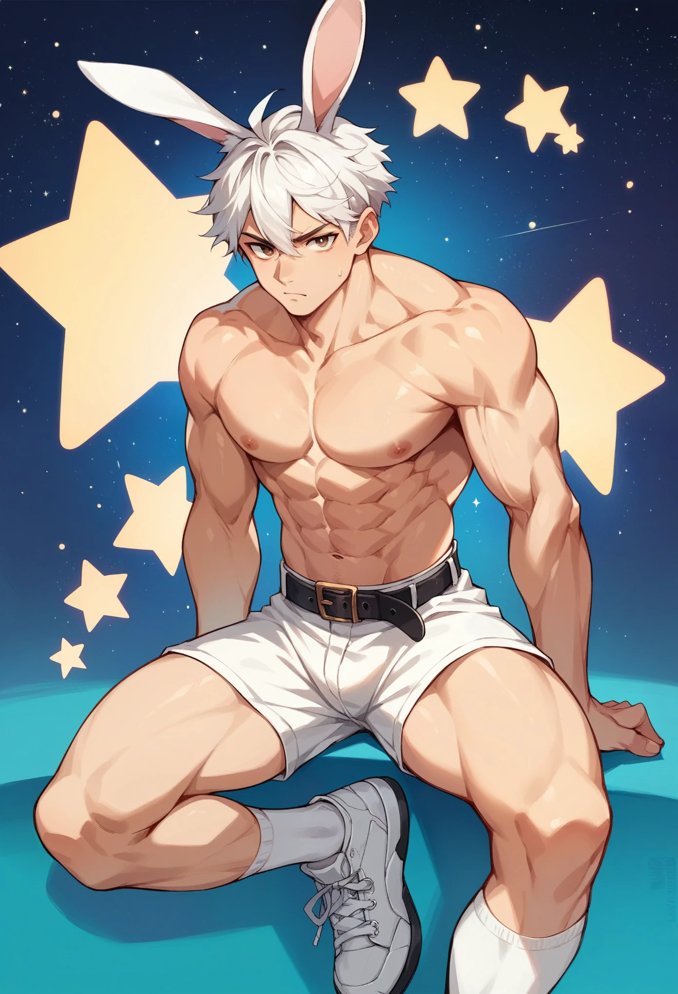 Handsome boy,White hair,Rabbit ears,Abdominal muscles,Slim body,He has warm brown eyes.,Stars background,White shorts,White socks,White sneakers,Black belt