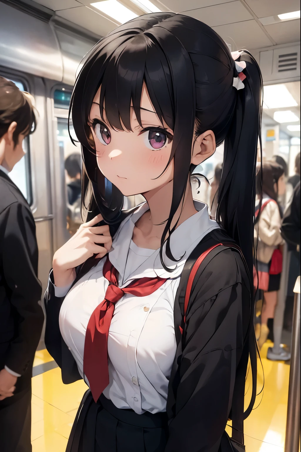 8yo, 1girl, 1man, long haired, black hair, twintail haired, big boob, school girl, uniform, she is on the way home from school, (very crowded train), standing in crowd,(Her body is pressed against my body, Very close to me:1.2), (flom above:1.3), There are a lot of people around us,　best quality, masterpiece, 