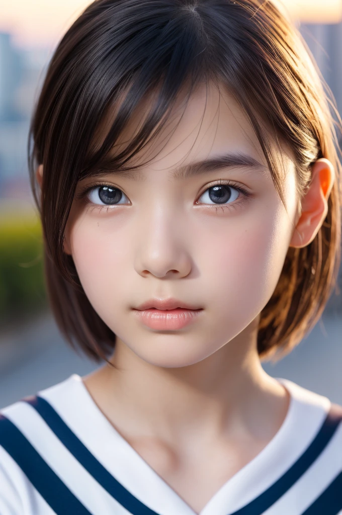 One Girl,(1人のとてもcute女の子:1.3),masterpiece,Highest quality,High resolution,From below,Low - Angle,Photorealistic,RAW Photos,Ray Tracing,Physically Based Rendering,beautiful girl,(15 years old:1.3),cute,Big eyes,(detailed pupils:1.2),(The face is facing straight ahead:1.3),Body facing forward,Beautiful nose,High nose,Upturned nose,Fuller lips,Short black hair,ponytail,short hair,Detailed eyelashes,Thin eyebrows,Very fine grain definition,(Symmetrical eyes,Golden Ratio:1.3),(Face close-up,Face Focus:1.0),Small breasts,Short neck,Sailor suit,School uniforms,A city with slopes,Downtown,sunset,Sunset,Portrait,View Viewer,Upper Body,Cinema Lighting,High resolution,Very detailed