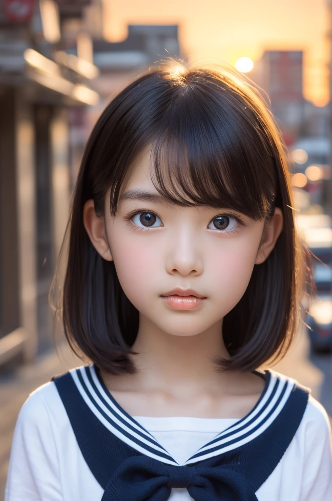 One Girl，(1人のとてもcute女の子:1.3)，masterpiece，Highest quality，High resolution，From below，Low - Angle，Photorealistic，RAW Photos，Ray Tracing，Physically Based Rendering，beautiful girl，(:1.3)，cute，Big eyes，(detailed pupils:1.2)，(The face is facing straight ahead:1.3)，Body facing forward，Beautiful nose，High nose，Upturned nose，Fuller lips，Short black hair，ponytail，short hair，Detailed eyelashes，Thin eyebrows，Very fine grain definition，(Symmetrical eyes，Golden Ratio:1.3)，(Face close-up，Face Focus:1.0)，Small breasts，Short neck，Sailor suit，School uniforms，A city with slopes，Downtown，sunset，Sunset，Portrait，View Viewer，Upper Body，Cinema Lighting，High resolution，Very detailed