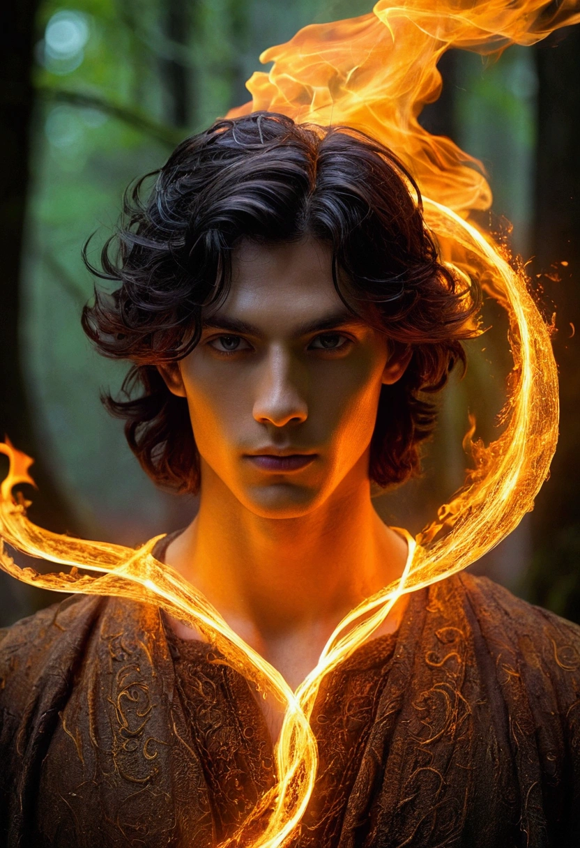 Amidst an ancient and overgrown forest, the essence of magic takes form through a young man, his hair as dark as the shadows and his eyes a radiant golden blaze. A mystical mark graces his neck, shimmering with latent power. Within a clearing, he stands engulfed in a cascading torrent of flames, the fire's heat tempered by an otherworldly energy. As the magical fire spirals and dances, it conjures a swirling dance of luminous particles, each a fragment of his ethereal aura. Arcane symbols materialize in midair, their glow casting an eerie light on his intense focus. The scene exudes a sense of ancient power and hidden knowledge, as if the woods themselves are alive with long-forgotten secrets. The mood is one of serene intensity, where the balance of nature and magic intertwine. The illustration style captures this mystical aura through detailed digital artistry, combining intricate linework with vibrant color palettes. --ar 16:9 --v 5