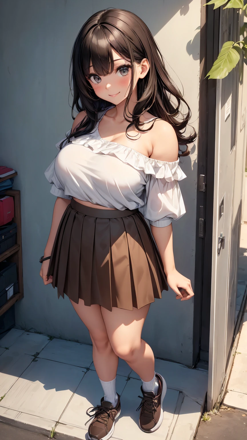 a girl, chubby body, chubby stomach, big hips, sexy thighs, beautiful face, beautiful eyes, ((straight wavy black hair, no hair bangs, black eyes)), smiling, blushing, standing, ((white off-shoulder shirt, ((brown mini cargo-skirts)), white sneakers, black stockings)), perfect hands, perfect fingers, high quality picture, high resolution, very detailed, 8k resolution