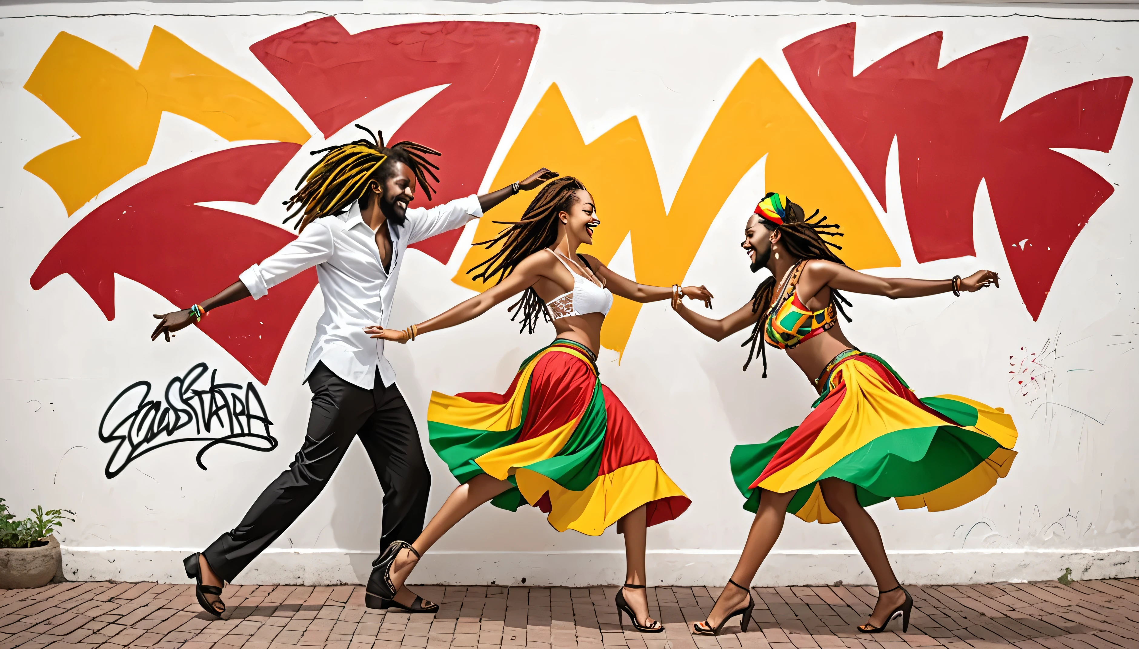 Graffiti on the wall of a white house,A man and woman dancing samba、Rastafarian