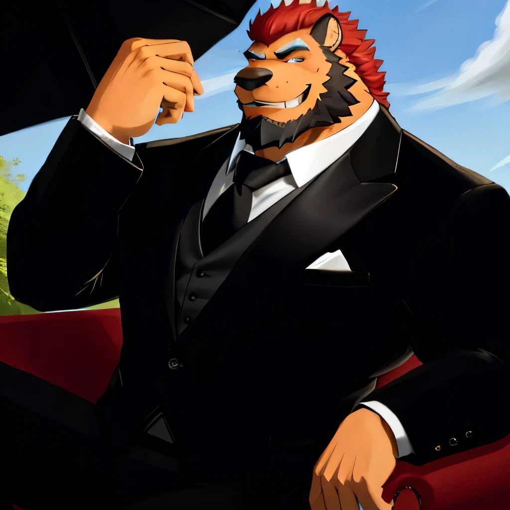 (morning), 1 boy, solo, Looking at the audience, summer, Smile,Muscle Man,Bearded,middle aged,suit,quality,Rich colors,Extremely detailed,Full body close-up,Refined style