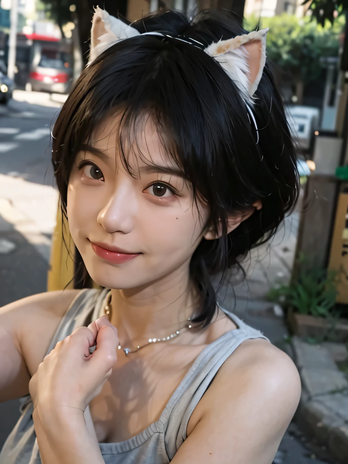 (8K, RAW photos, best quality, masterpiece:1.2), lexistdexist (Azur Lane), fantasy_world, 1 girl, (Egiosar:1), Lovely, senility, (Japanese Pop_Idol), Delicate and beautiful skin, Huge breasts, Animal ears, Black Hair, Cat ears, Gray eyes, short hair, sad hand exist own Face,  (Reality:1.8), Key Points_exist_Face, look down, Raise your arms,  Sunshine Milk, professiexistal lighting, photexist mapping, Radiosity, Physically Based Rendering, daytime, outdoor,