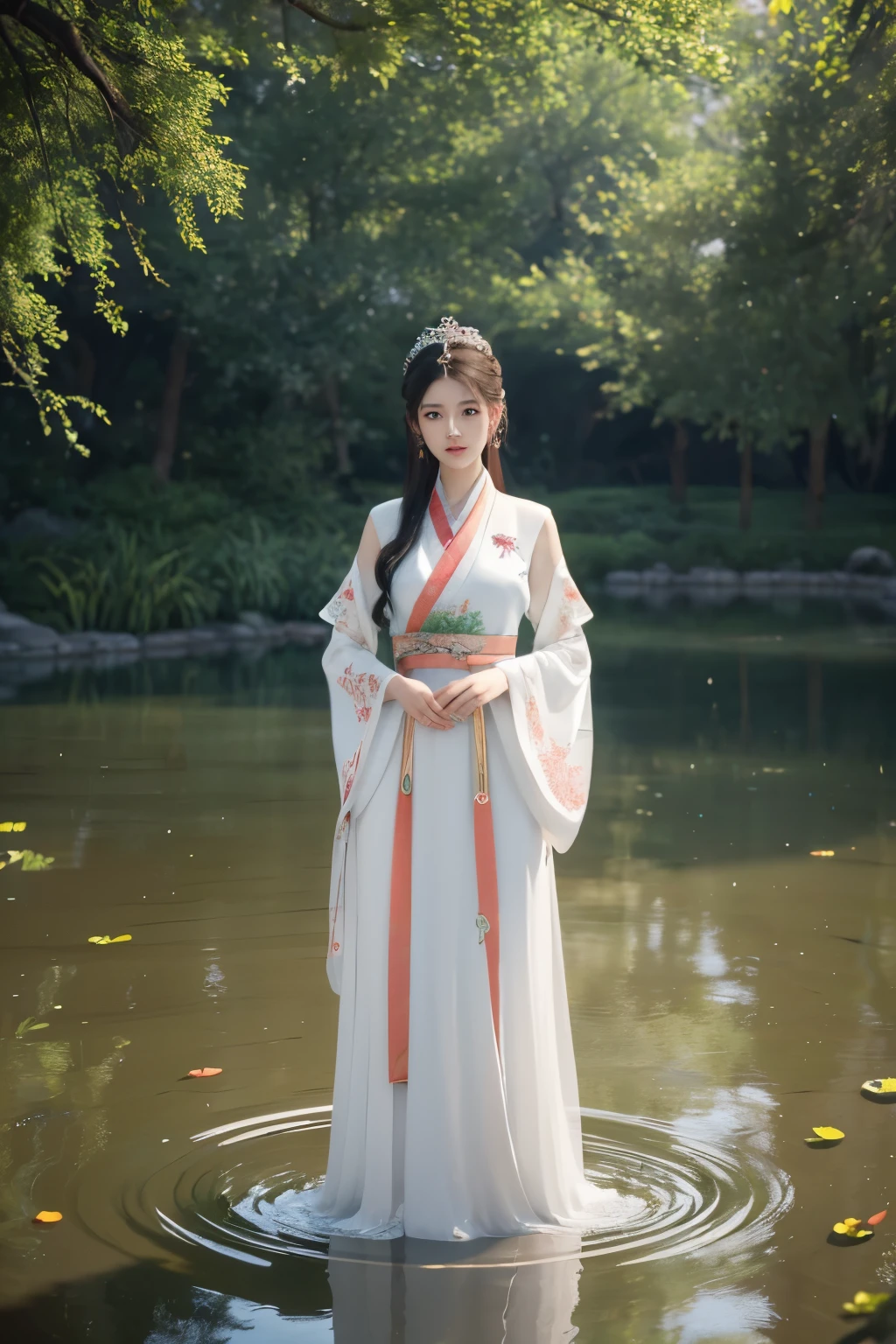 masterpiece, arafed image of a woman in a white dress standing in a pond of water, a beautiful fantasy empress, beautiful digital artwork, palace, a girl in hanfu, a beautiful fantasy empress, 8k stunning artwork, 4k highly detailed digital art, beautiful render of tang dynasty, 3d render character art 8k, 3d goddess portrait