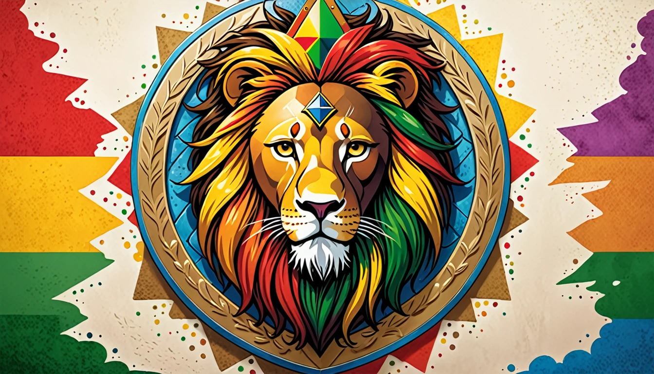 White house wall,Shield of David,Rastafarian,The entire surface is lustrous color,Lion illustration