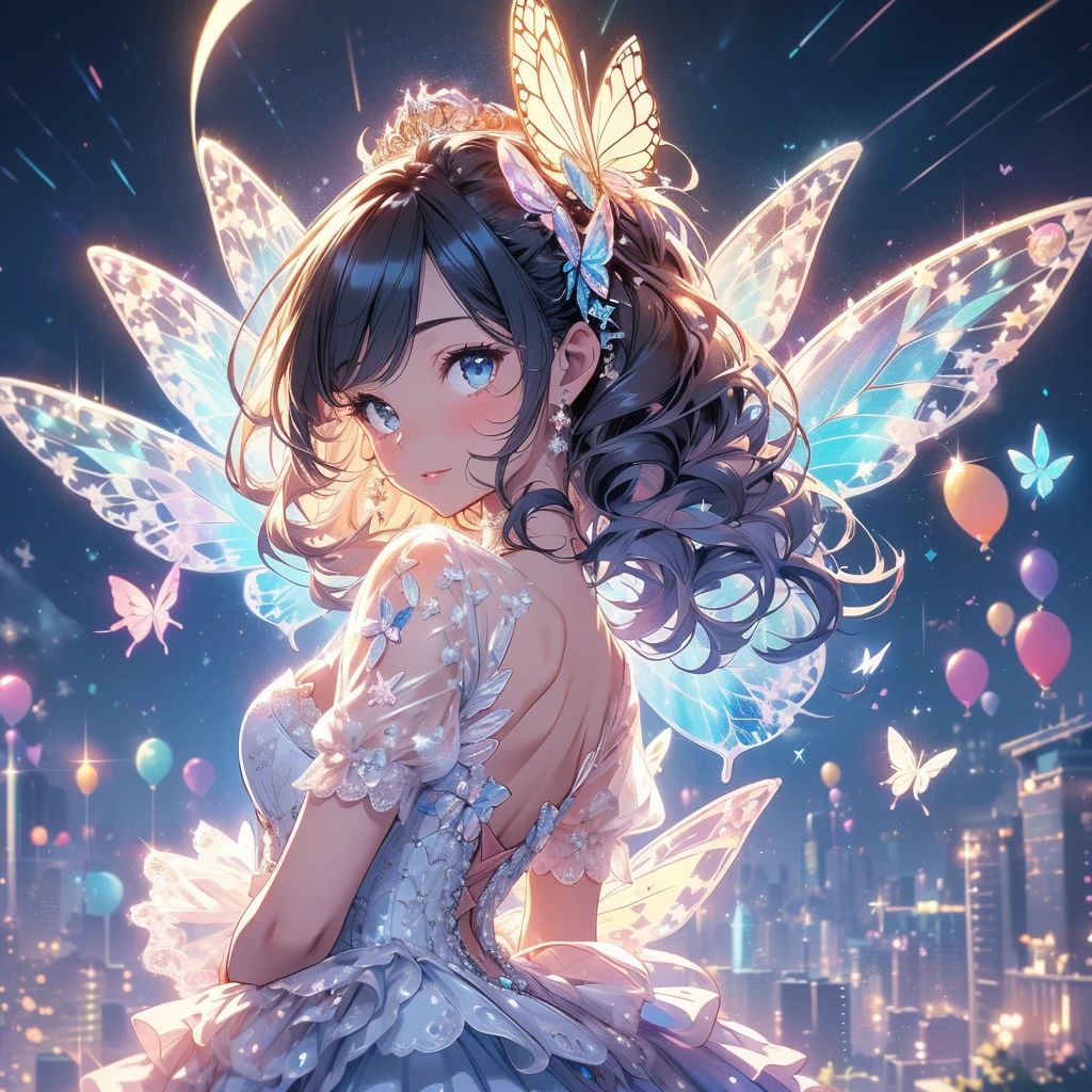 (Exquisite, beautiful, Very detailed, masterpiece, High resolution,high quality,High resolution),(Well-formed face,Soft and thin lines: 1.2, beautiful, 大人っぽくて透明感のあるdelicateで鮮やかなイラスト), In the middle of the night under the glittering crescent moon, Transparent fairy princess, delicate, beautiful face and butterfly-like wings is flying happily through the moonlit sky., Meteor and stars shining in the moonlight々The vivid starry sky,From a short distance,tiara, Star Earrings, Star Necklace,bracelet,ring,), ((A gorgeous ball gown dress with lots of frills and a moon motif..:1.1, Balloon sleeves, gem, ribbon, Lace and frills, Butterfly-like fairy wings growing from her back:1.5)), (Adorable,A shy smile,Pale pink blush, Plump pink lips,Beautiful and clear eyes,Large bust, Fair skin, Good style),Starry sky texture,Vibrant pastel colors,A cute, dreamy fantasy world,whole body,Colored pencil art
