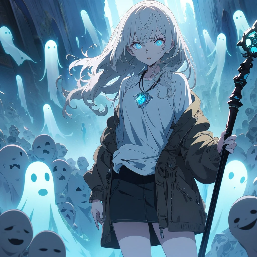 A girl with pale skin, long silver hair, icy blue eyes, sharp nose, thin lips, slender body, dressed in a casual outfit, with a silver amulet around her neck, (nude:0.8), holding a staff with a glowing crystal, standing in a misty graveyard, surrounded by numerous ghostly figures, with an ethereal glow around her, her eyes glowing softly, a determined expression on her face, with faint blue light emitting from her hands, floating ghosts swirling around her, some appearing transparent, others more defined, with eerie, wispy trails, and a hint of sadness in her eyes, detailed gorgeous face| anime style| key visual| intricate detail| highly detailed| breathtaking| vibrant| panoramic| cinematic| Carne Griffiths| Conrad Roset| gibbli 8k