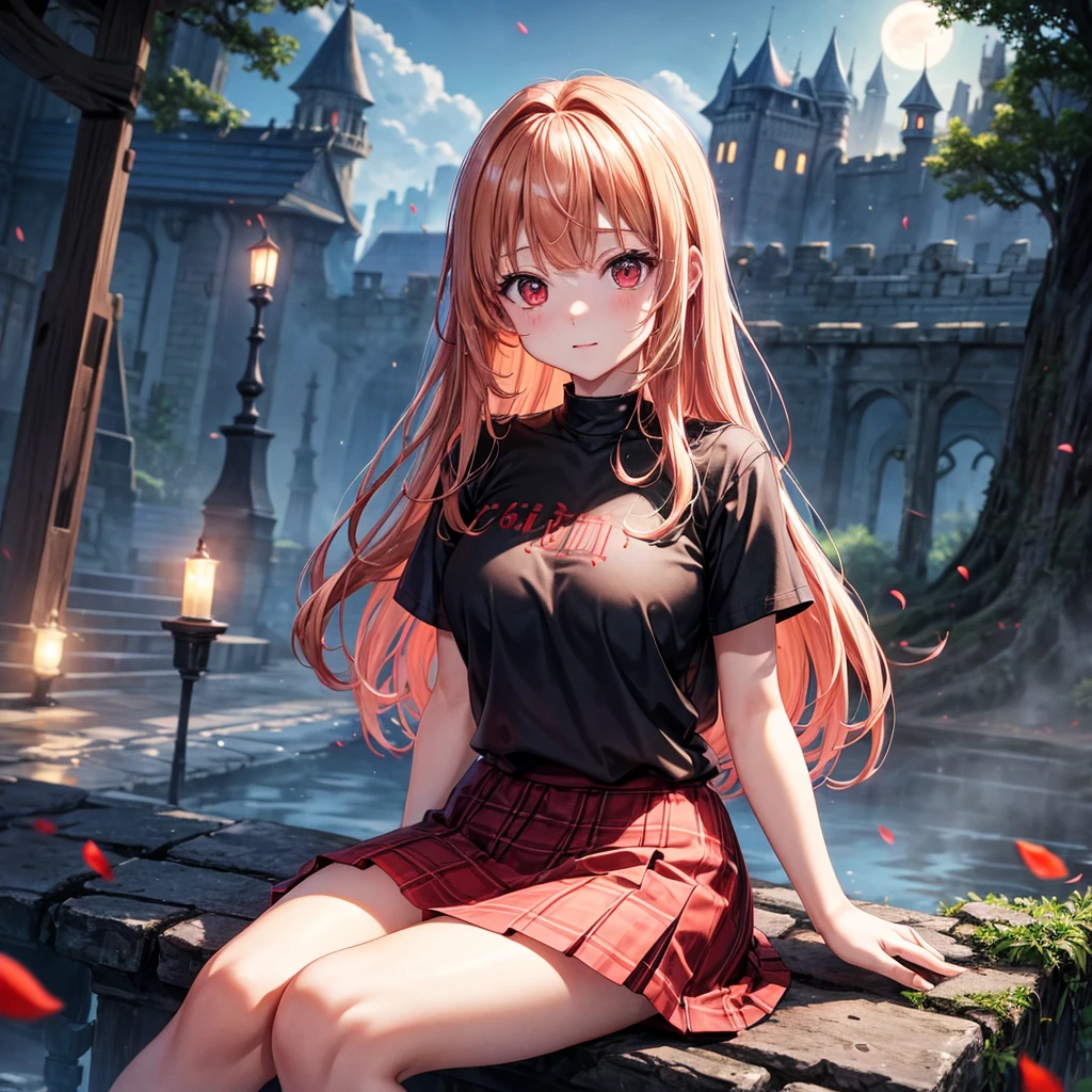 Red-blonde、Red eyes、One cute girl、solo、And soul、Light clothing、Checked mini skirt、petal、Wet hair、Sit on、black t-shirts、large tree、cloud、full moon、monster castle、lanthanum、Hell's Gate、Craft Gatekeeper、barefoot、Stones are piled up、Teeth are visible、Secret Treasure、Wooden chair、Wooden fence on fire、hair ornaments