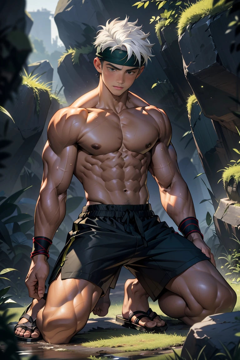 (Masterpiece, Best quality, 18 year old boy, 8k, ultra-detailed), (underneath, looking away, upper body, warm eyes, thin lips, white haired), 1 boy, solo, Young, (ager), (Dark Short straight hair, under cut), black eyes, full bodyesbian, (Shirtless), topless, Green headband, sandals, (Black shorts with loincloth), (Depth of field:1.2), (Abs), (chest), (upper arms), black wristband, (topless male), man with martial arts stance, athretic body, kneeling pose, inside caves, (foggy night)