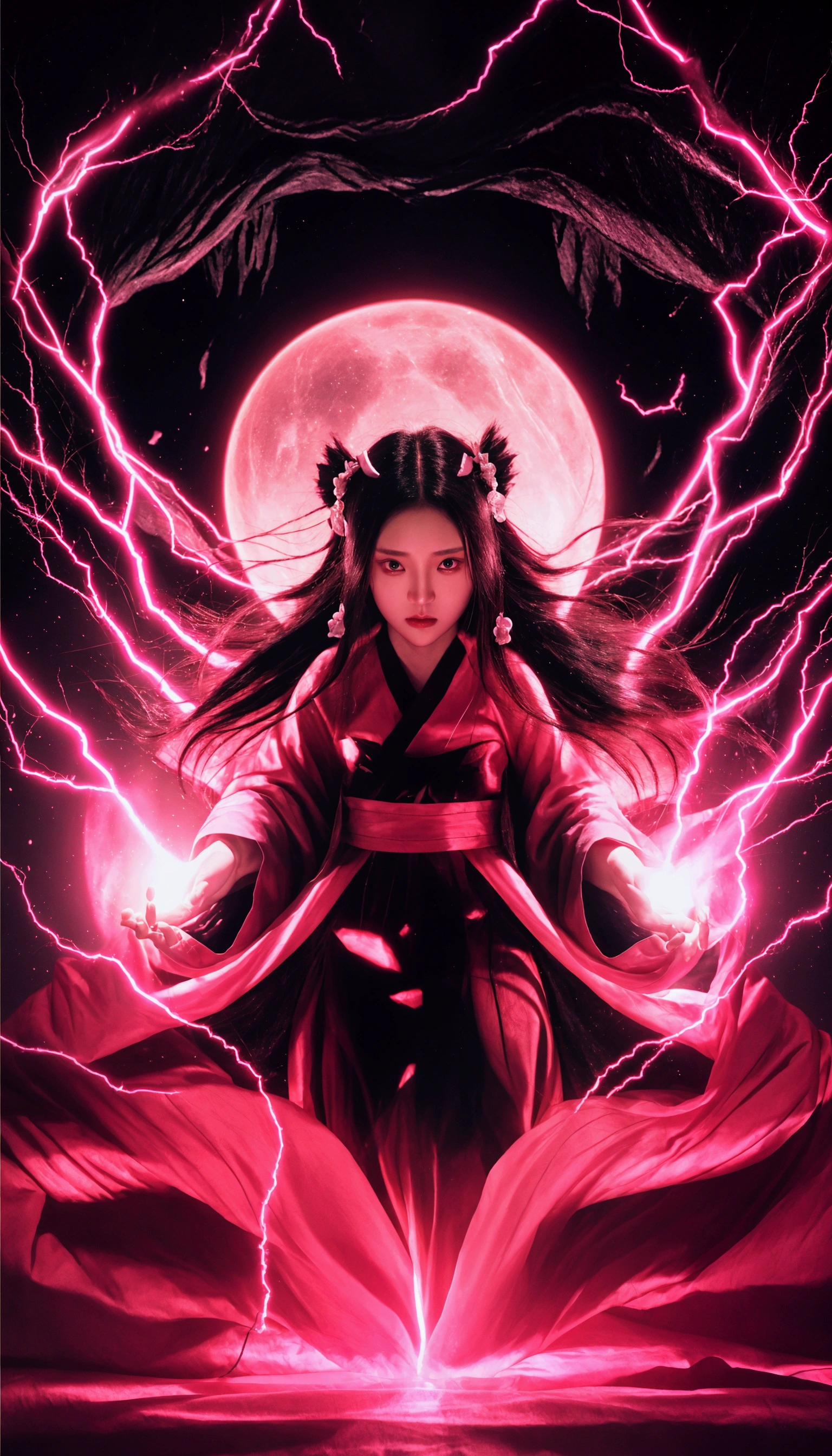 Kamando nezuko, demon slayers, famale, black gradian red long hair, pink eyes light up:1.4, angry face, pink clothes, holding a pink magic energy, pink lighting effect:1.4, pink moon light up:1.4 background, detailed face, detailed hair, detailed hand, ultra-realistic, ultra-detailed, bestquality, masterpiece.