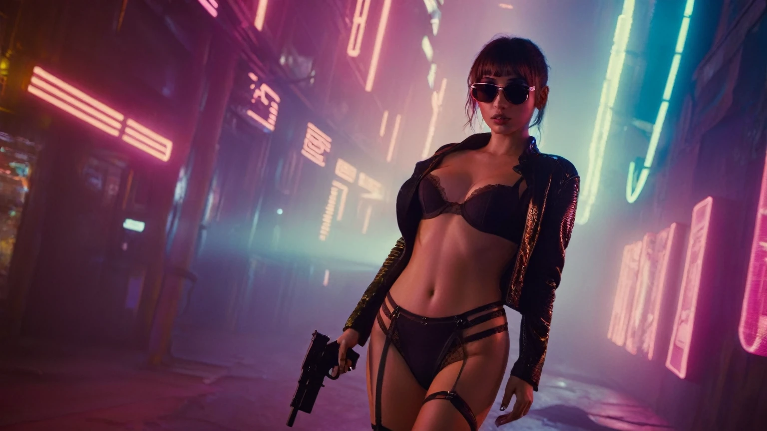 (aerial view), Blade Runner style futuristic alley at night, (flying cars), neon lights. (1girl, solo, alone), large-breast:1.2 slim body, cleavage:1.1, sexy micro laced lingerie with jacket, (black sunglasses), ((she raised a pistol:1.8 and shot the viewer)), dynamic pose, ((half-body thigh level medium shot)), cinematic lighting, lens flare, ray tracing.