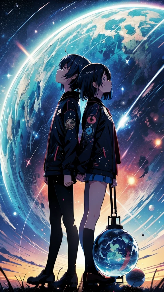 Beautiful sky anime scene with stars and planets, Space Sky. by makoto shinkai, anime art wallpaper 4k, anime art wallpaper 4k, Anime Art Wallpapers 8K, anime wallpaper 4k, anime wallpaper 4k, 4k anime wallpaper, Anime Sky, Awesome Wallpapers, Anime Background, Heavenly planets in the background, Anime Background art,Two girls silhouette、Looking up at the night sky