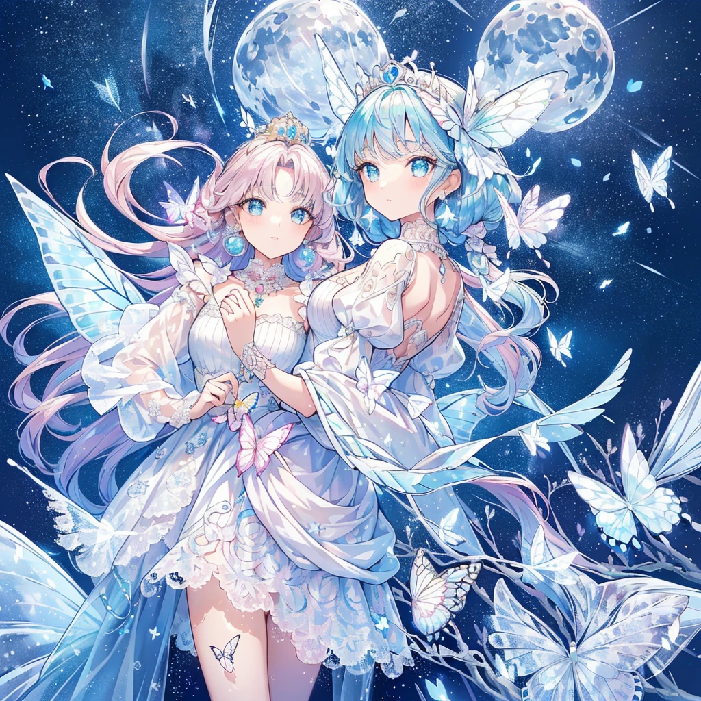 (Exquisite, beautiful, Very detailed, masterpiece, High resolution,high quality,High resolution),(Well-formed face,Soft and thin lines: 1.2, beautiful, 大人っぽくて透明感のあるdelicateで鮮やかなイラスト), In the middle of the night under the glittering crescent moon, Transparent fairy princess, delicate, beautiful face and butterfly-like wings is flying happily through the moonlit sky., Meteor and stars shining in the moonlight々The vivid starry sky,From a short distance,tiara, Star Earrings, Star Necklace,bracelet,ring,), ((A gorgeous ball gown dress with lots of frills and a moon motif..:1.1, Balloon sleeves, gem, ribbon, Lace and frills, Butterfly-like fairy wings growing from her back:1.5)), (Adorable,A shy smile,Pale pink blush, Plump pink lips,Beautiful and clear eyes,Large bust, Fair skin, Good style),Starry sky texture,Vibrant pastel colors,A cute, dreamy fantasy world,whole body,Colored pencil art
