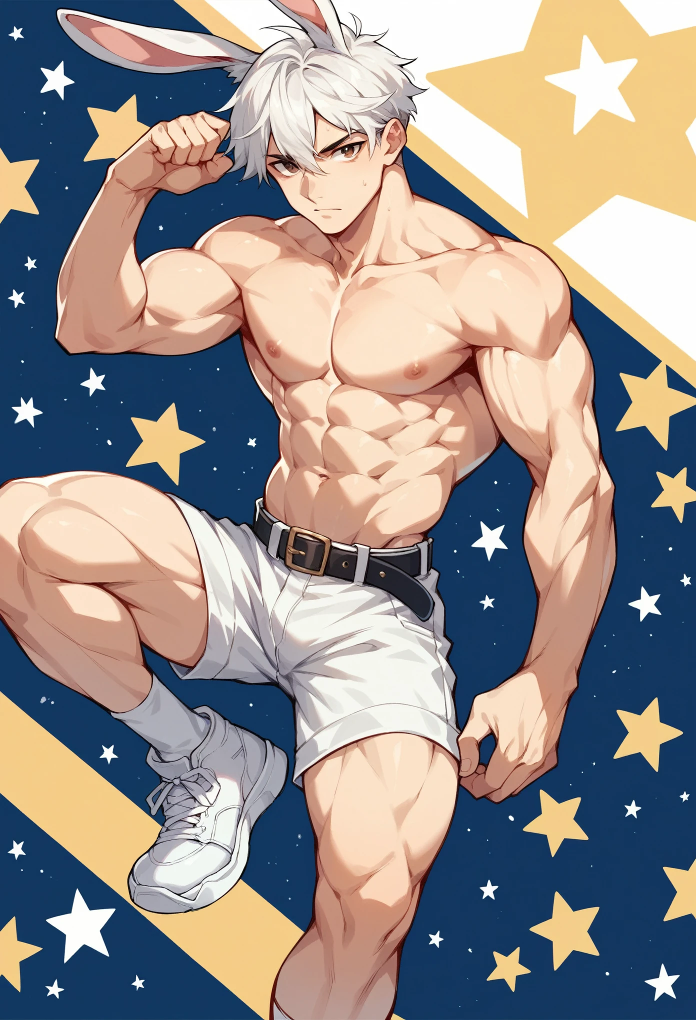 Handsome boy,White hair,Rabbit ears,Abdominal muscles,Slim body,He has warm brown eyes.,Stars background,White shorts,White socks,White sneakers,Black belt