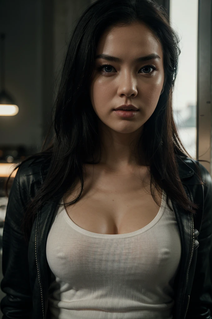 Jessica Henwick, long black hair, leather jacket, white t-shirt, blue jeans, beautiful detailed eyes, beautiful detailed lips, extremely detailed eyes and face, long eyelashes, photorealistic, high quality, 8k, realistic, cinematic lighting, dramatic, moody, atmospheric, color graded, warm tones, rich colors, chiaroscuro, portrait, artstation, behance, cinematic