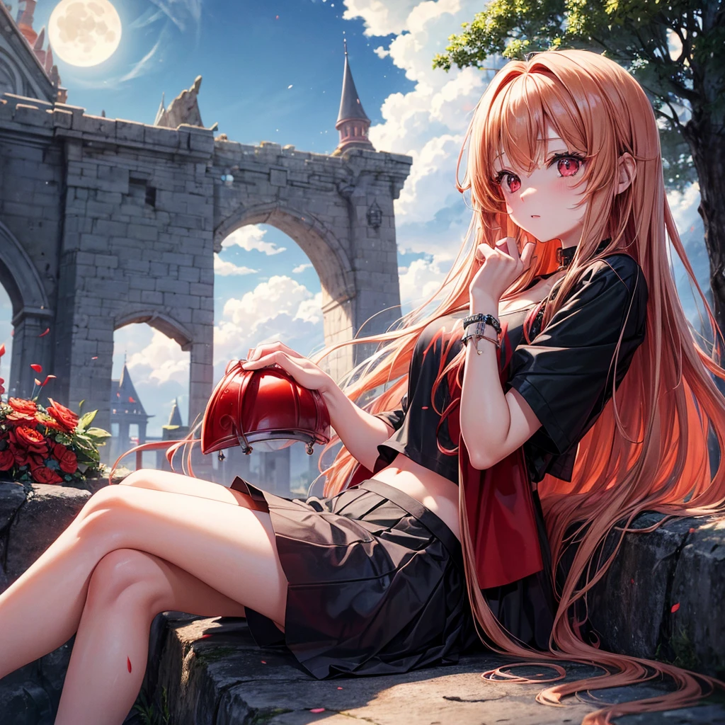 Red-blonde、Red eyes、One cute girl、solo、And soul、Light clothing、Checked mini skirt、petal、Wet hair、Sit on、black t-shirts、large tree、cloud、full moon、monster castle、lanthanum、Hell's Gate、Craft Gatekeeper、barefoot、Stones are piled up、Teeth are visible、Secret Treasure、Wooden chair、Moss grows
