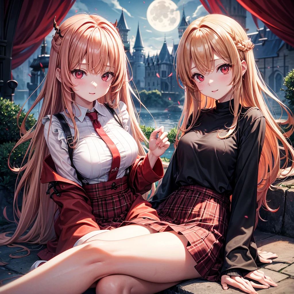 Red-blonde、Red eyes、One cute girl、solo、And soul、Light clothing、Checked mini skirt、petal、Wet hair、Sit on、black t-shirts、large tree、cloud、full moon、monster castle、lanthanum、Hell's Gate、Craft Gatekeeper、barefoot、Stones are piled up、Teeth are visible、Secret Treasure、Wooden chair、Moss grows