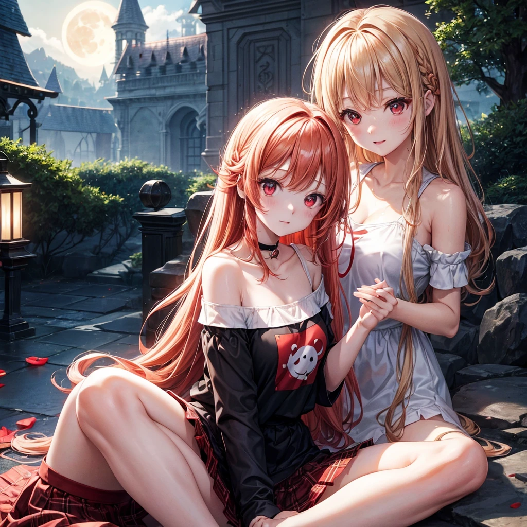 Red-blonde、Red eyes、One cute girl、solo、And soul、Light clothing、Checked mini skirt、petal、Wet hair、Sit on、black t-shirts、large tree、cloud、full moon、monster castle、lanthanum、Hell's Gate、Craft Gatekeeper、barefoot、Stones are piled up、Teeth are visible、Secret Treasure、Wooden chair、Moss grows