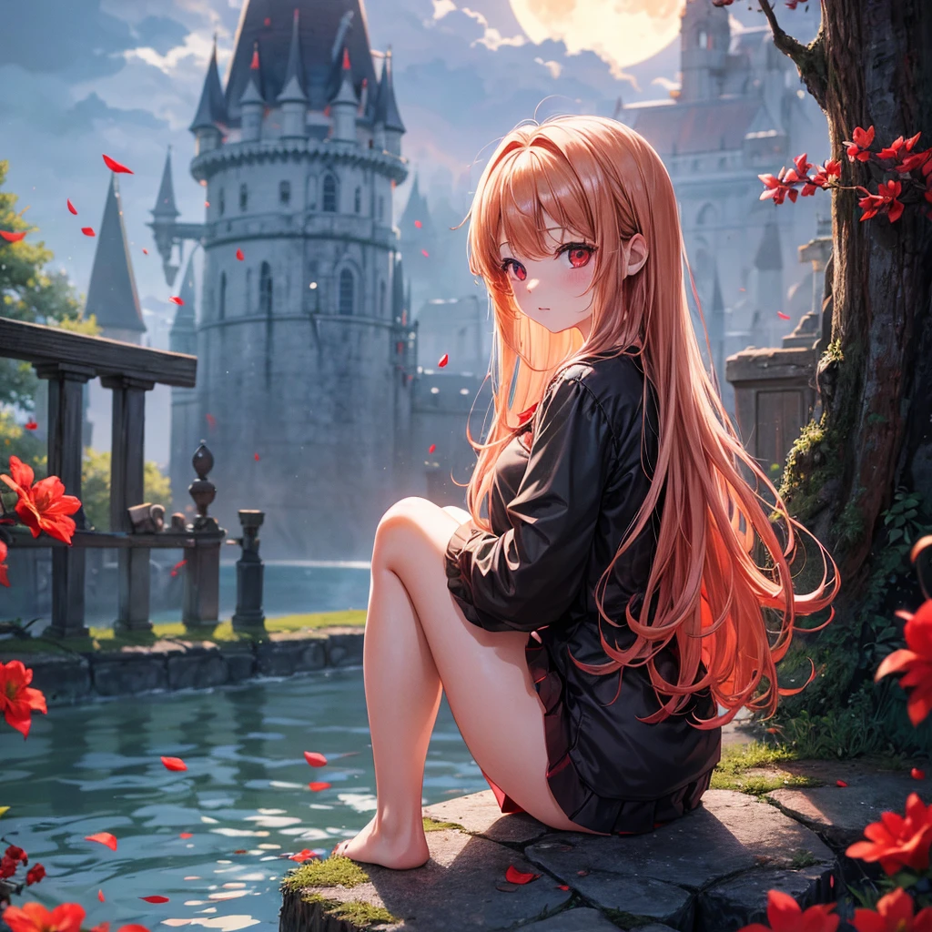 Red-blonde、Red eyes、One cute girl、solo、And soul、Light clothing、Checked mini skirt、petal、Wet hair、Sit on、black t-shirts、large tree、cloud、full moon、monster castle、lanthanum、Hell's Gate、Craft Gatekeeper、barefoot、Stones are piled up、Teeth are visible、Secret Treasure、Wooden chair、Moss grows