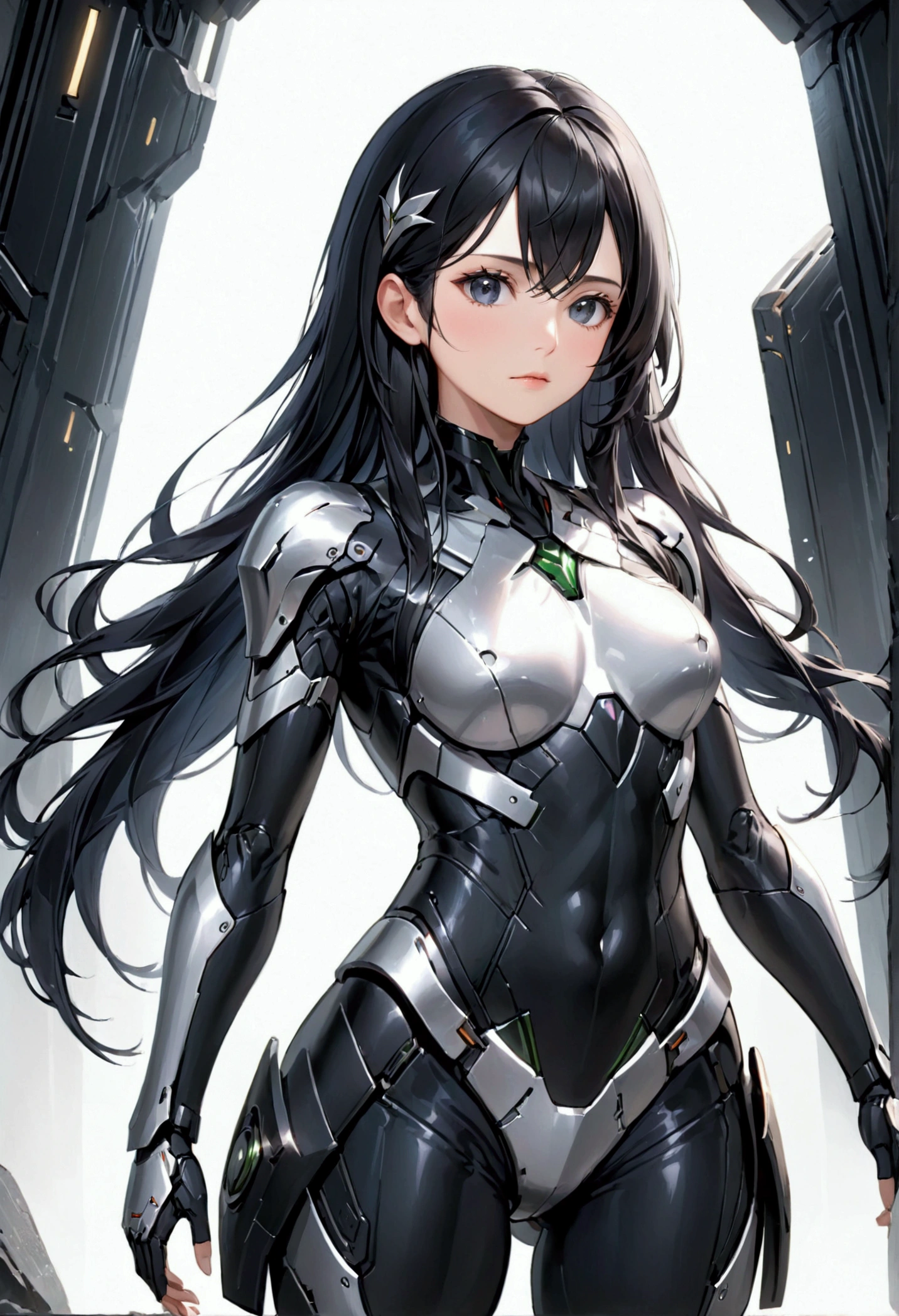 Mature Girl with long black hair with silver highlight, dark onyx eyes,tall rectangular body figure,miniskirt,battlesuit