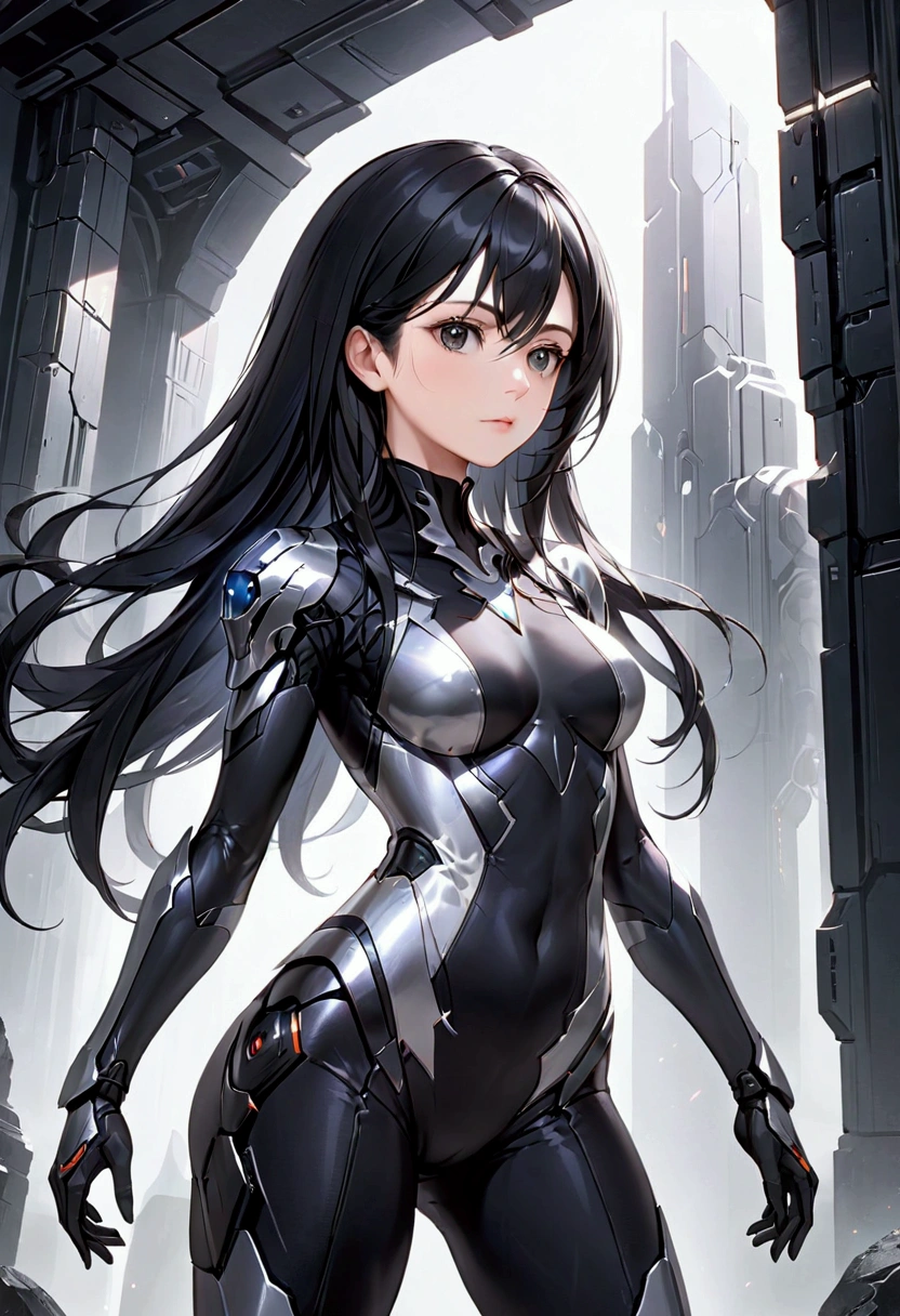 Mature Girl with long black hair with silver highlight, dark onyx eyes,tall rectangular body figure,miniskirt,battlesuit