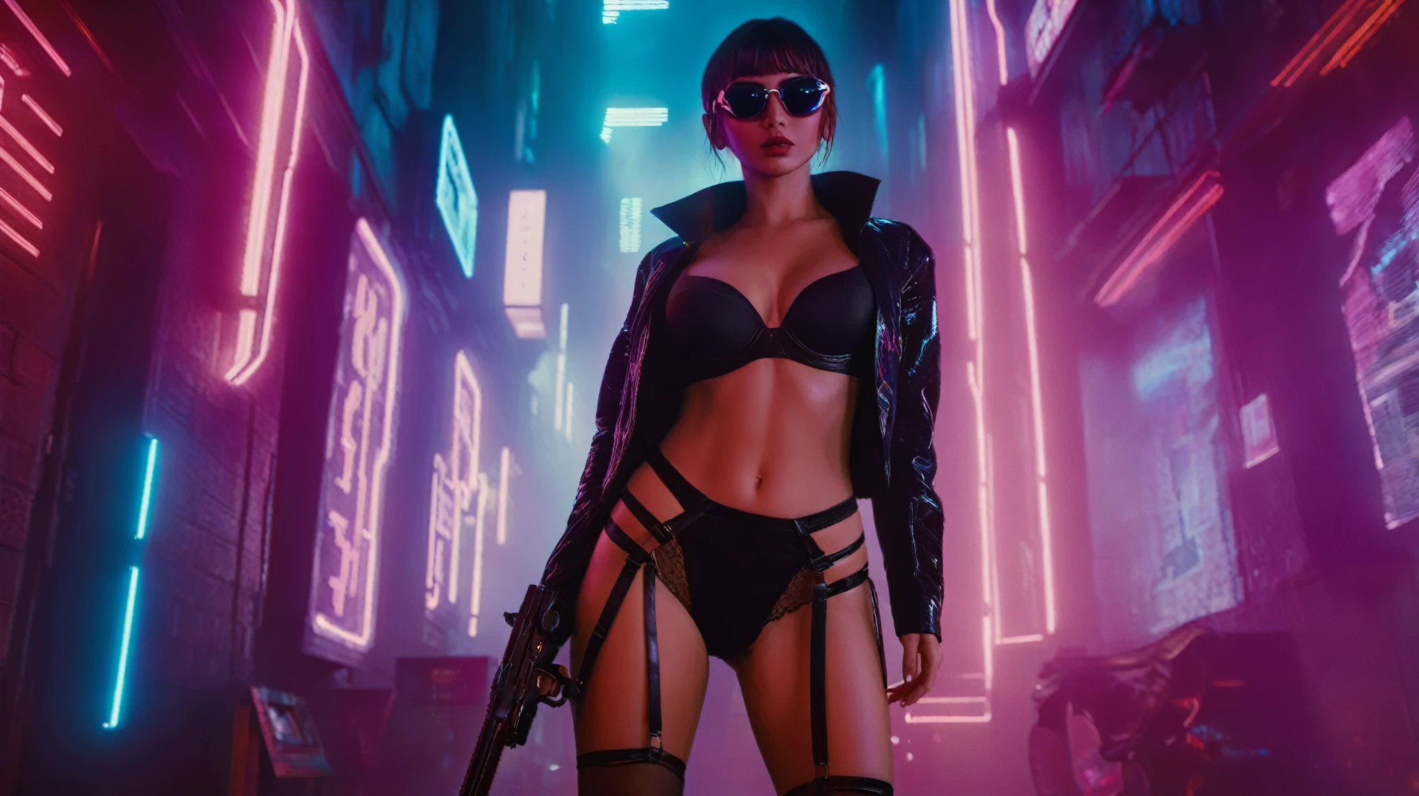 (aerial view), Blade Runner style futuristic alley at night, (flying cars), neon lights. (1girl, solo, alone), large-breast:1.2 slim body, cleavage:1.1, sexy micro laced lingerie with jacket, (black sunglasses), ((she raised a pistol:1.8 and shot the viewer)), dynamic pose, ((half-body thigh level medium shot)), cinematic lighting, lens flare, ray tracing.
