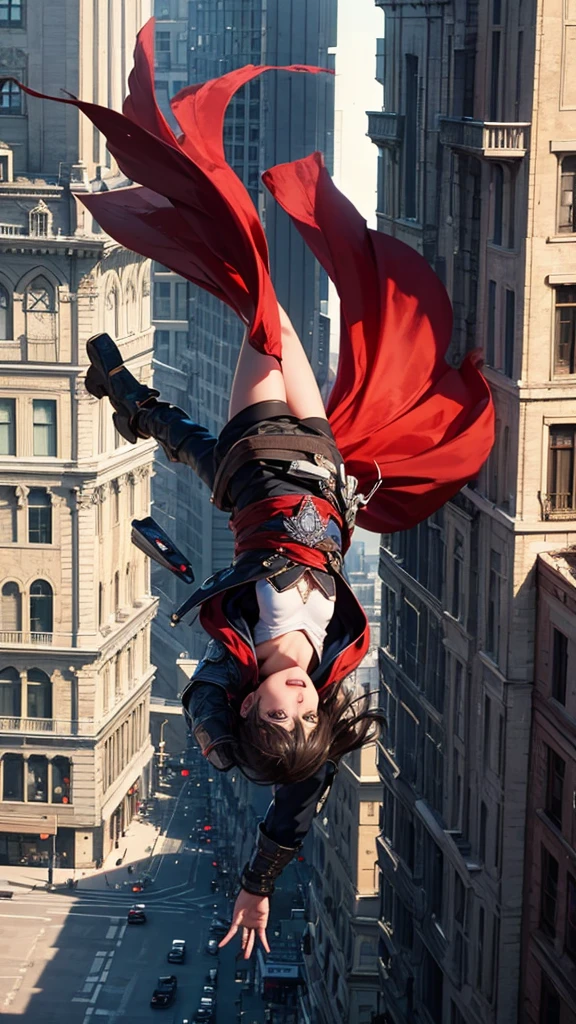 girl from Assassin's Creed jumping from roof to roof, in a hood, in black and red