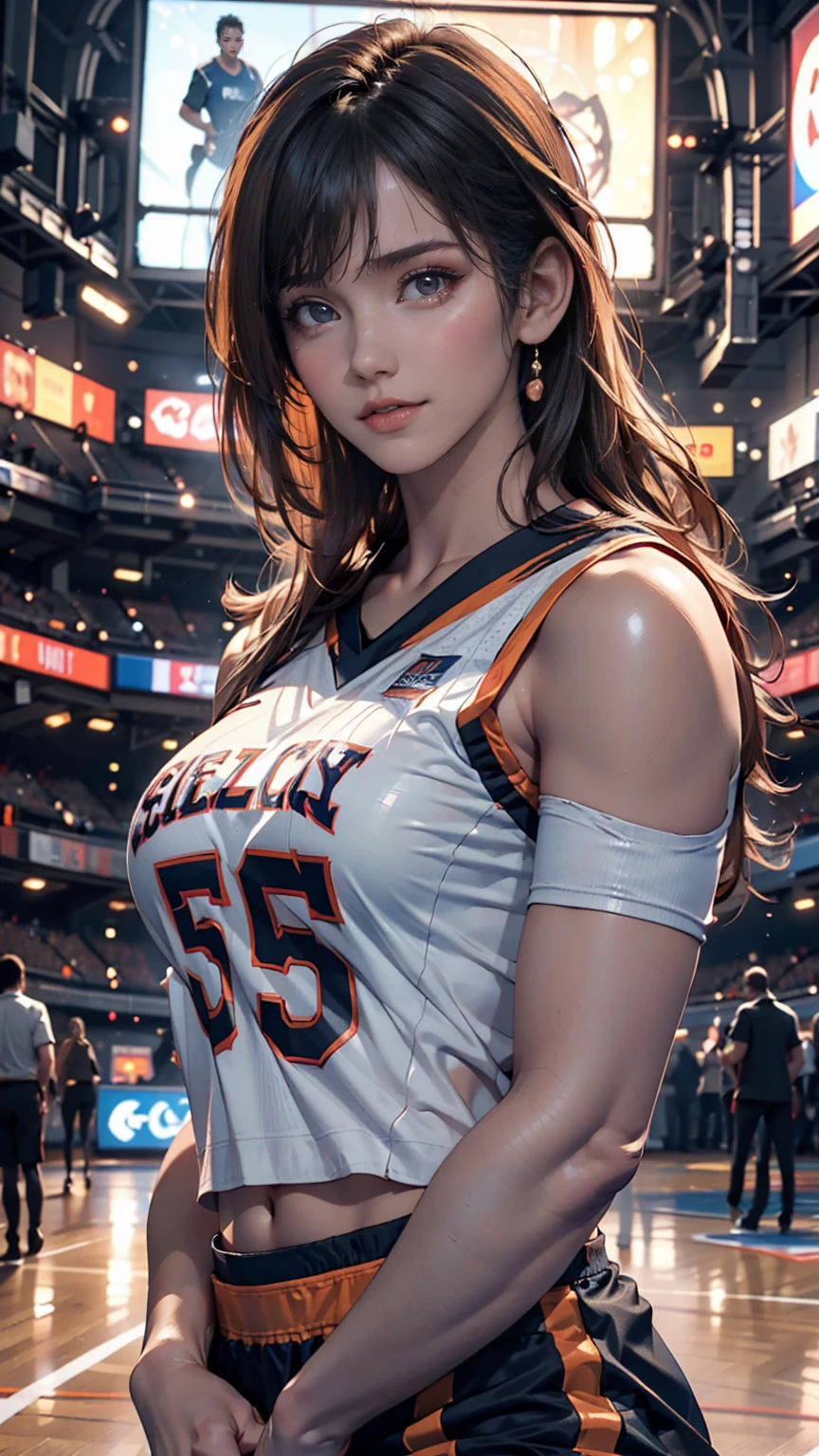 (8k, Highest quality, masterpiece:1.2), (Realistic, photo-Realistic:1.37), Very detailed,Highest quality, Ultra-high resolution, Professional Lighting, Photon Mapping, Radio City, Physically Based Rendering, Cinema Lighting, Basketball court,Depth of written boundary, Sharp focus,Sunbeam, Good composition,(Bokeh:1.2) One girl,alone,(whole body), (Mouth closed),Beautiful attention to detail, Pause, Tight waist,Basketball Uniforms, Black Hair,Messy Hair,Long hair blowing in the wind,(Urzan-6500:1.2), Mix 4, Hello