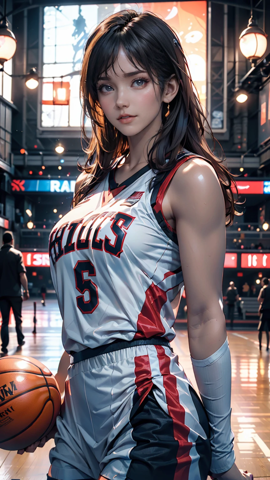 (8k, Highest quality, masterpiece:1.2), (Realistic, photo-Realistic:1.37), Very detailed,Highest quality, Ultra-high resolution, Professional Lighting, Photon Mapping, Radio City, Physically Based Rendering, Cinema Lighting, Basketball court,Depth of written boundary, Sharp focus,Sunbeam, Good composition,(Bokeh:1.2) One girl,alone,(whole body), (Mouth closed),Beautiful attention to detail, Pause, Tight waist,Basketball Uniforms, Black Hair,Messy Hair,Long hair blowing in the wind,(Urzan-6500:1.2), Mix 4, Hello
