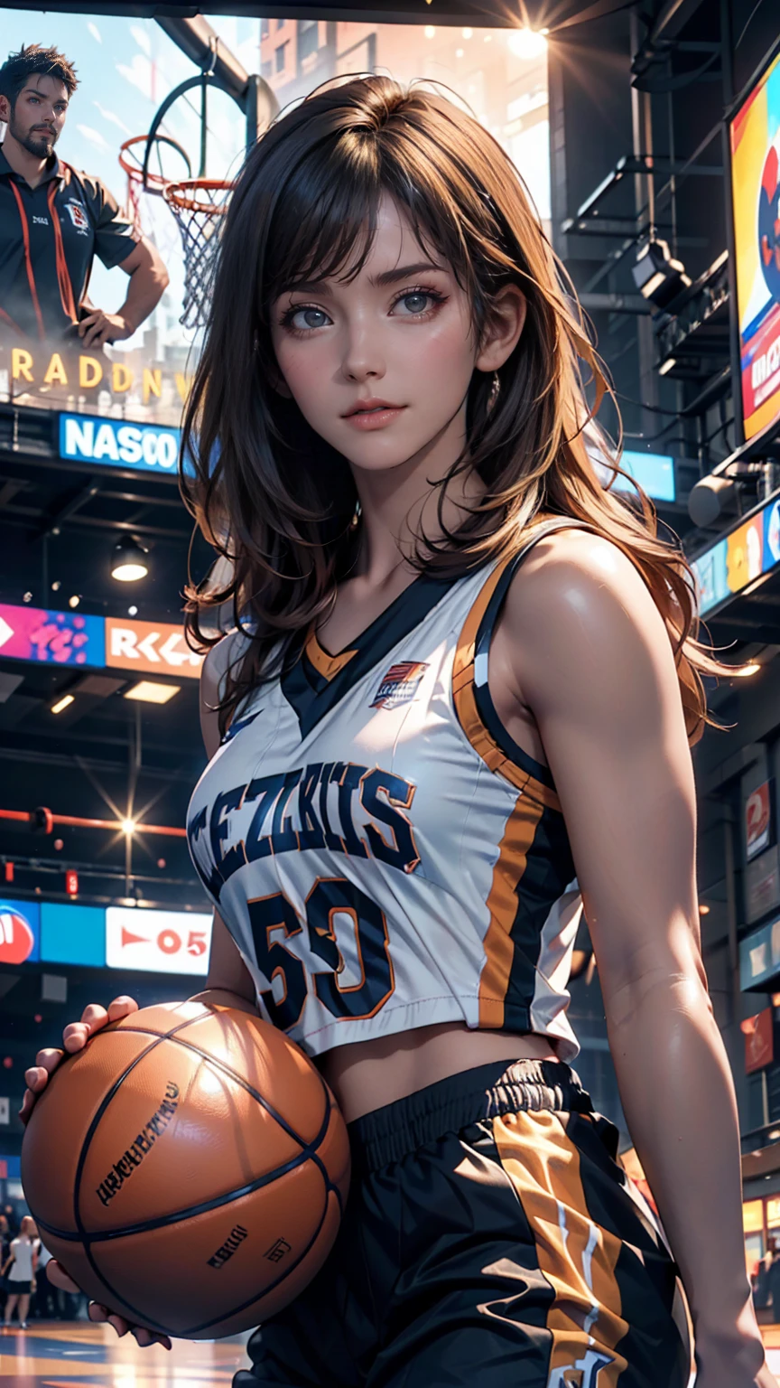 (8k, Highest quality, masterpiece:1.2), (Realistic, photo-Realistic:1.37), Very detailed,Highest quality, Ultra-high resolution, Professional Lighting, Photon Mapping, Radio City, Physically Based Rendering, Cinema Lighting, Basketball court,Depth of written boundary, Sharp focus,Sunbeam, Good composition,(Bokeh:1.2) One girl,alone,(whole body), (Mouth closed),Beautiful attention to detail, Pause, Tight waist,Basketball Uniforms, Black Hair,Messy Hair,Long hair blowing in the wind,(Urzan-6500:1.2), Mix 4, Hello