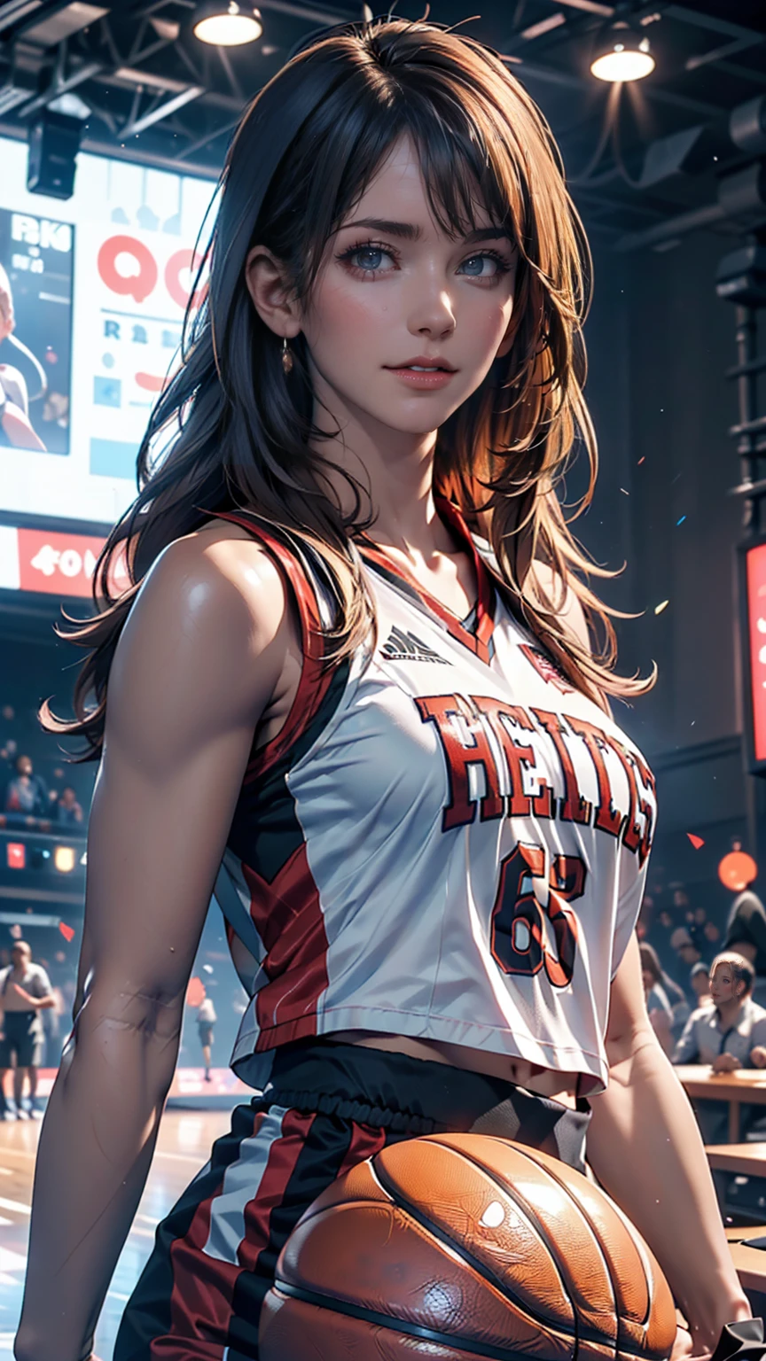 (8k, Highest quality, masterpiece:1.2), (Realistic, photo-Realistic:1.37), Very detailed,Highest quality, Ultra-high resolution, Professional Lighting, Photon Mapping, Radio City, Physically Based Rendering, Cinema Lighting, Basketball court,Depth of written boundary, Sharp focus,Sunbeam, Good composition,(Bokeh:1.2) One girl,alone,(whole body), (Mouth closed),Beautiful attention to detail, Pause, Tight waist,Basketball Uniforms, Black Hair,Messy Hair,Long hair blowing in the wind,(Urzan-6500:1.2),  Mix 4, Hello