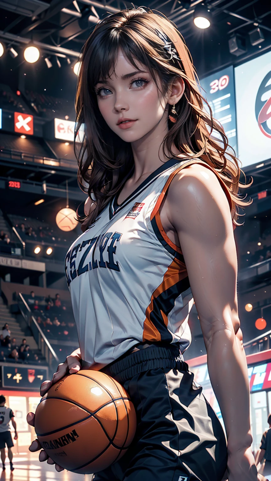 (8k, Highest quality, masterpiece:1.2), (Realistic, photo-Realistic:1.37), Very detailed,Highest quality, Ultra-high resolution, Professional Lighting, Photon Mapping, Radio City, Physically Based Rendering, Cinema Lighting, Basketball court,Depth of written boundary, Sharp focus,Sunbeam, Good composition,(Bokeh:1.2) One girl,alone,(whole body), (Mouth closed),Beautiful attention to detail, Pause, Tight waist,Basketball Uniforms, Black Hair,Messy Hair,Long hair blowing in the wind,(Urzan-6500:1.2), Mix 4, Hello