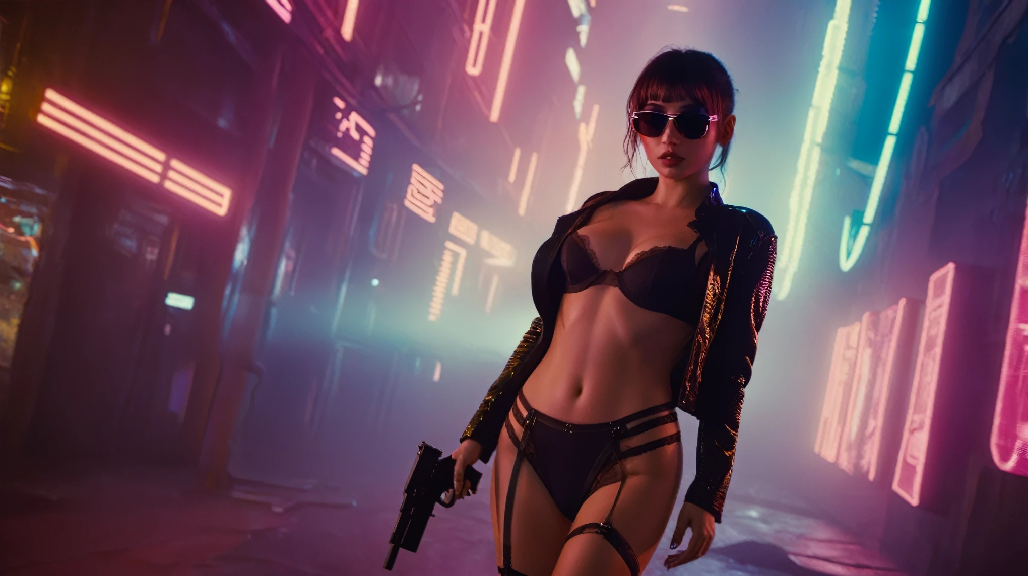 (aerial view), Blade Runner style futuristic alley at night, (flying cars), neon lights. (1girl, solo, alone), large-breast:1.2 slim body, cleavage:1.1, sexy micro laced lingerie with jacket, (black sunglasses), ((she raised a pistol:1.8 and shot the viewer)), dynamic pose, ((half-body thigh level medium shot)), cinematic lighting, lens flare, ray tracing.