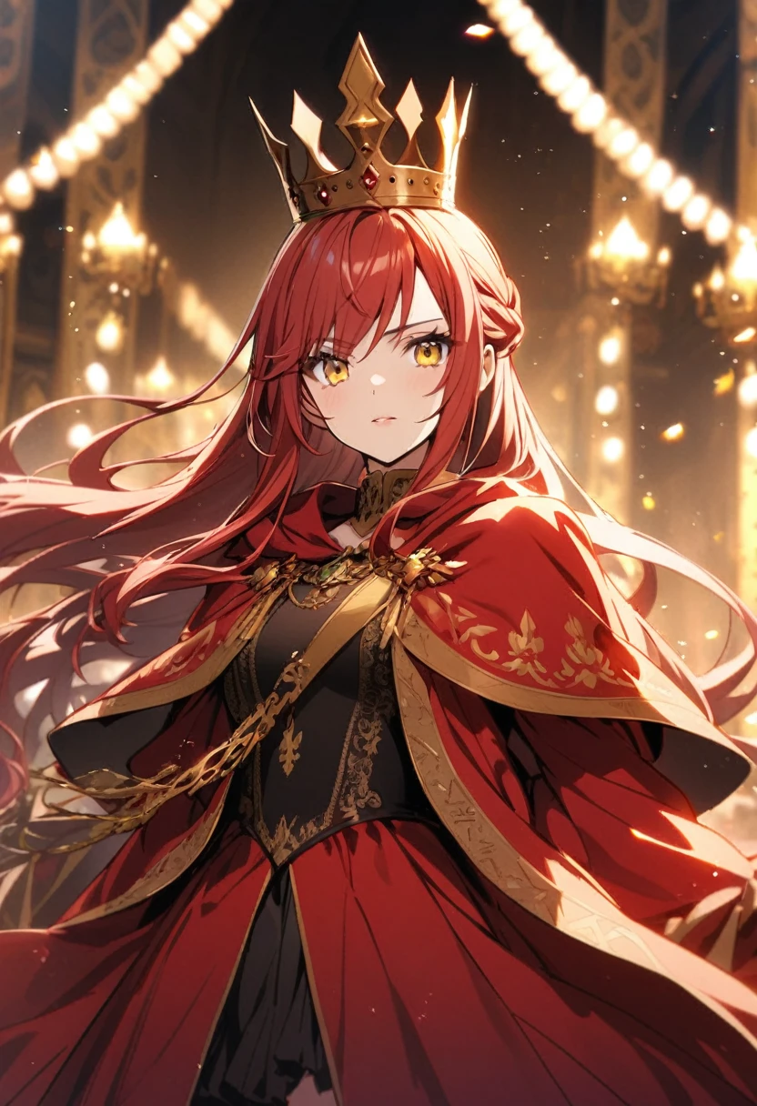female, queen, red royal robe, red hair, yellow eyes, pretty, long hair